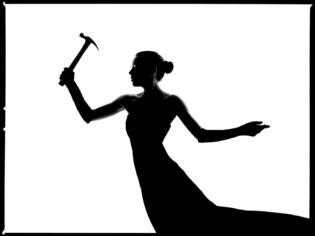 Tyler Shields Black and White Photograph - Grace with Hammer (22.5" x 30")