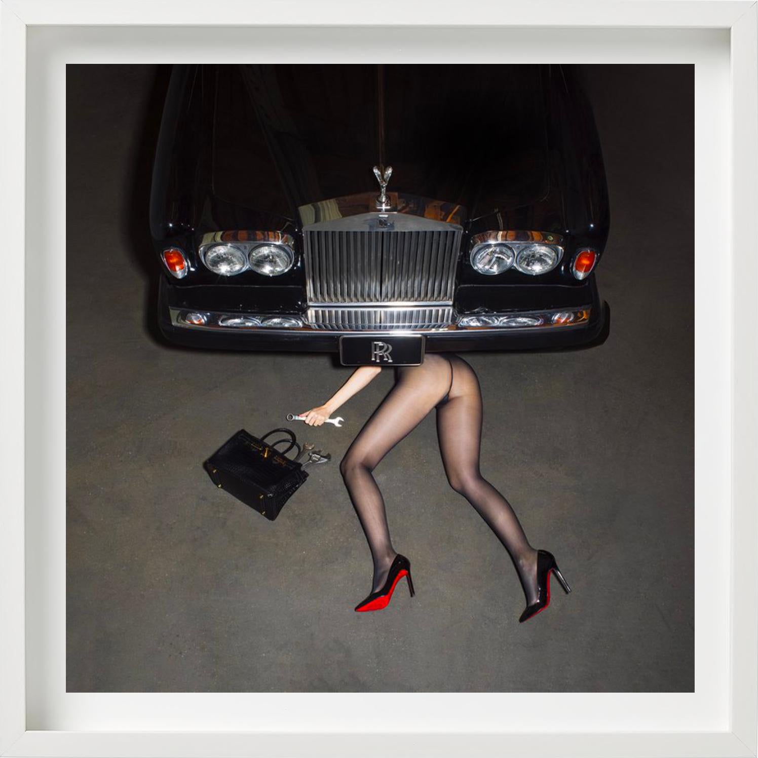 Roadside Assistance, woman with heels under a car, Fine Art Photography, 2022 For Sale 1