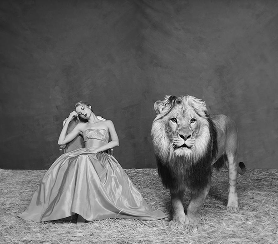 Tyler Shields Black and White Photograph - The Lady And The Lion (30" x 40")