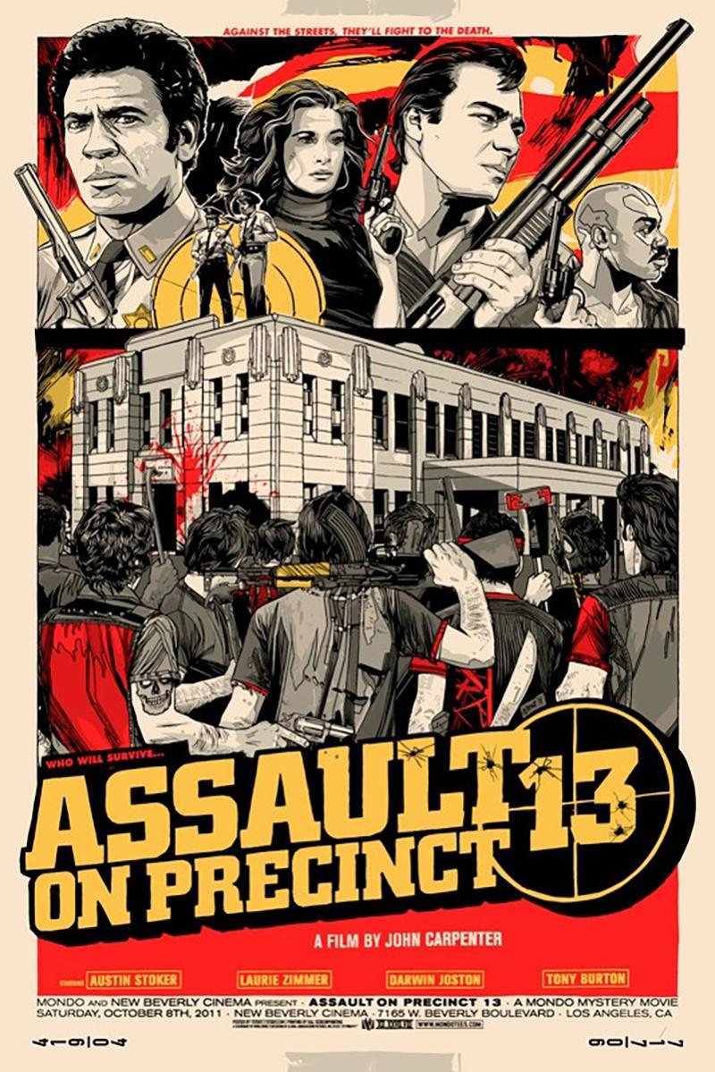 Überfall auf Revier 13:

Assault on Precinct 13 ist ein US-amerikanischer Action-Thriller aus dem Jahr 1976, geschrieben, inszeniert, vertont und geschnitten von John Carpenter.  Austin Stoker spielt einen Polizisten, der ein ehemaliges Revier gegen