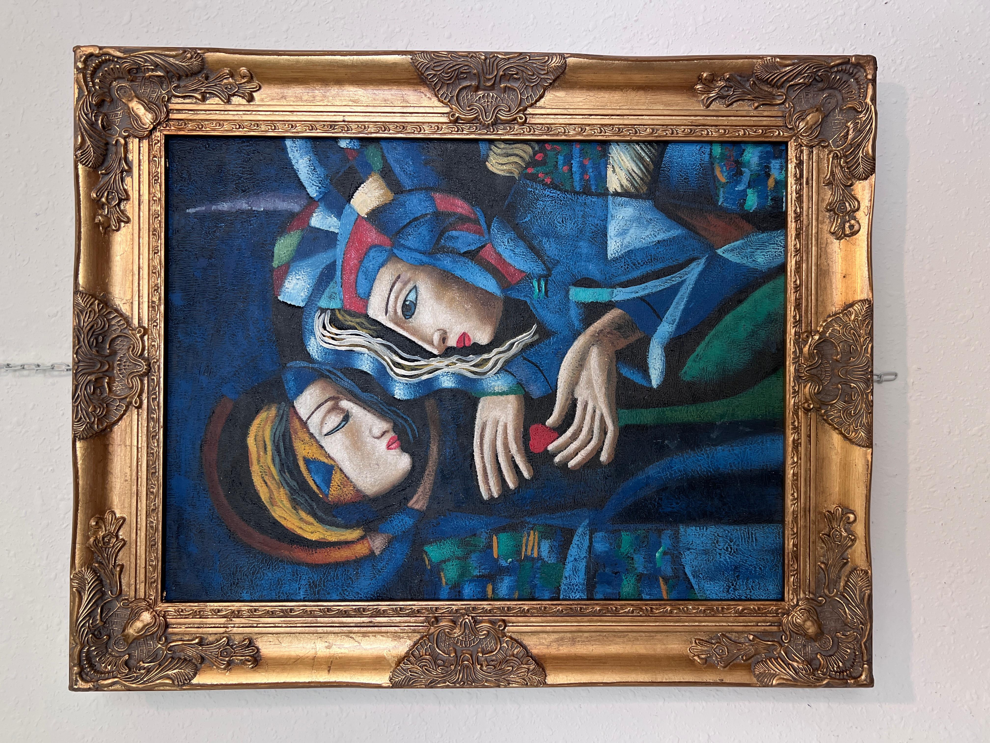 Original Kubistisches �Ölgemälde - Liebespaar mit Herz - Signiert Tylor - Goldrahmen – Painting von tylor