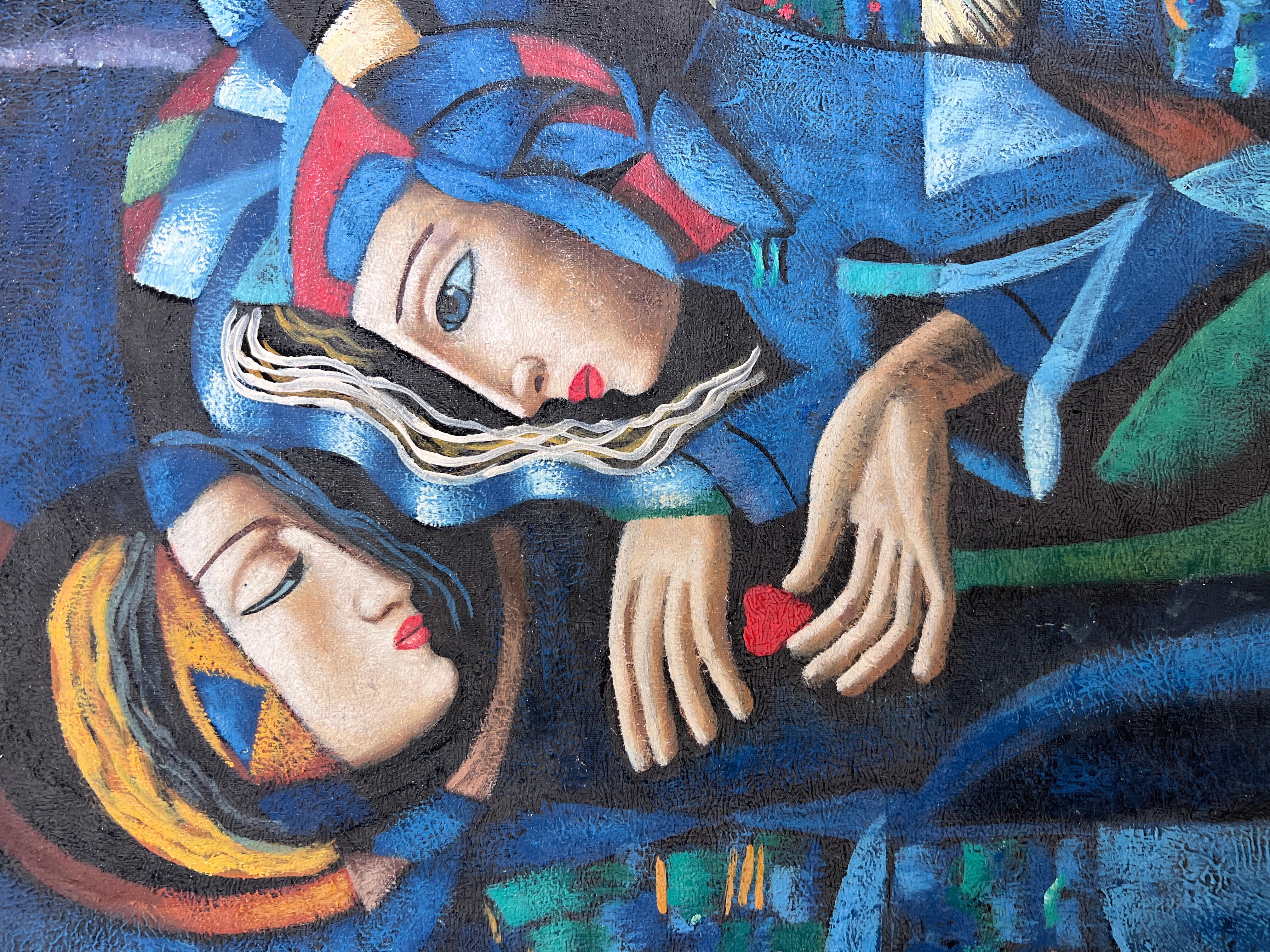 Original Kubistisches Ölgemälde - Liebespaar mit Herz - Signiert Tylor - Goldrahmen (Impressionismus), Painting, von tylor