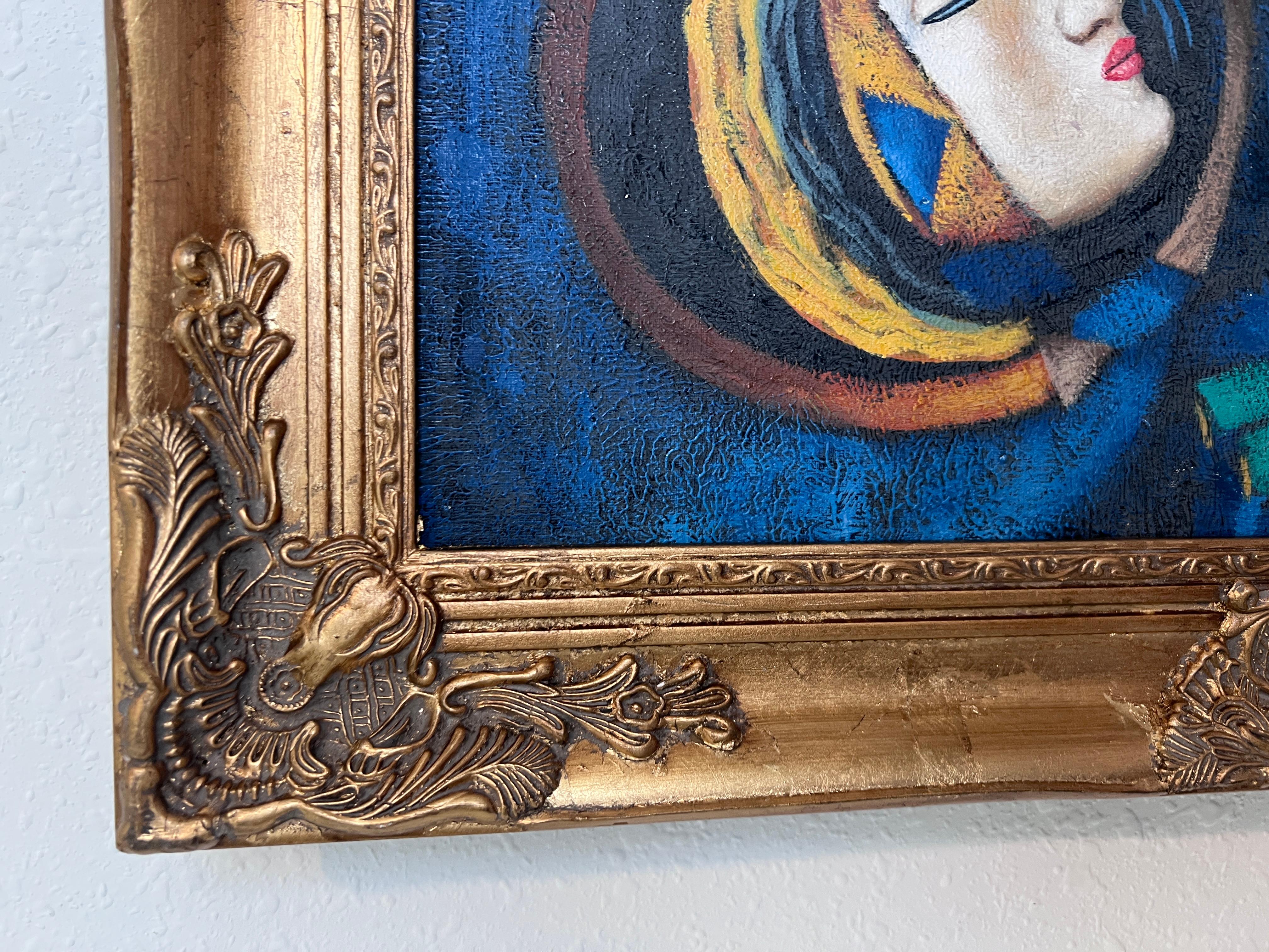 Dieses Original-Ölgemälde auf Leinwand ist ein kraftvolles Beispiel für kubistisch inspirierte figurative Kunst und vom Künstler Tylor unten links signiert. Die Komposition zeigt zwei stilisierte Figuren, deren Formen zu kantigen, geometrischen