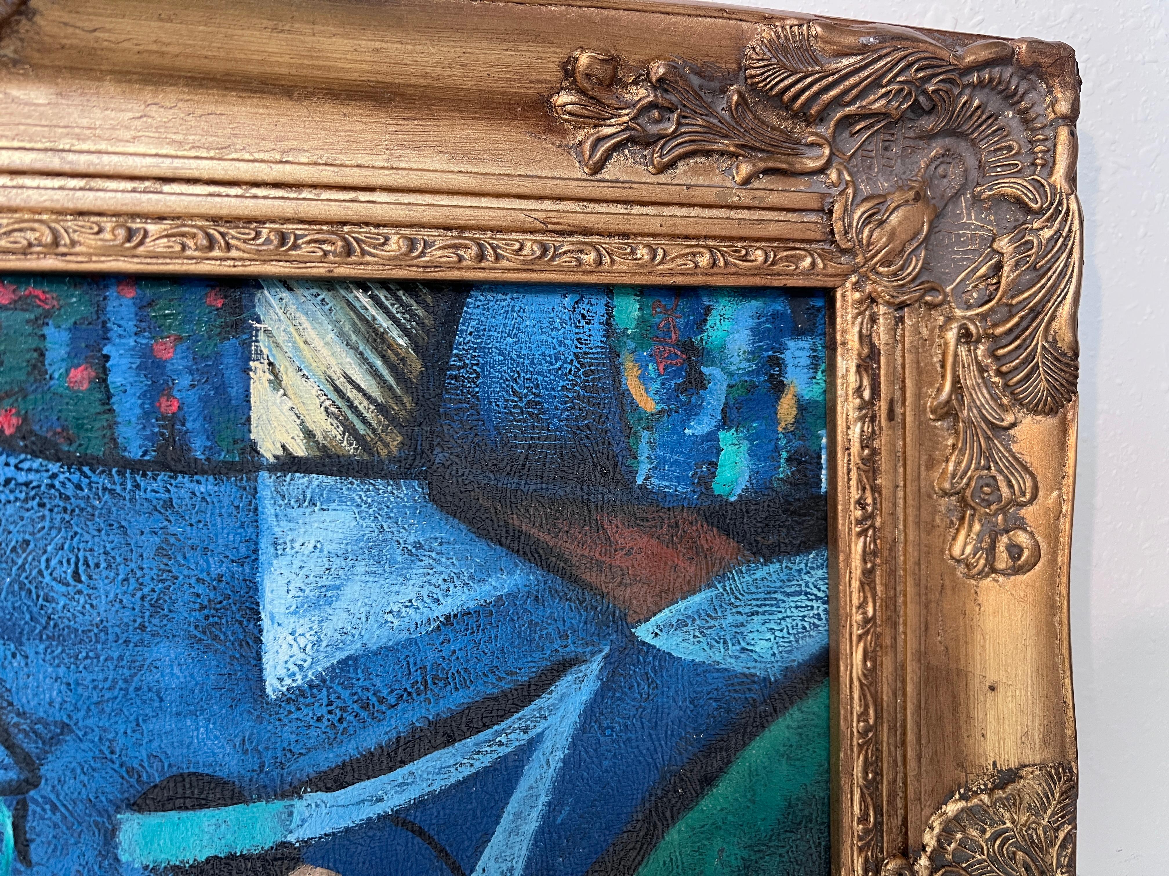 Original Kubistisches Ölgemälde - Liebespaar mit Herz - Signiert Tylor - Goldrahmen im Angebot 2