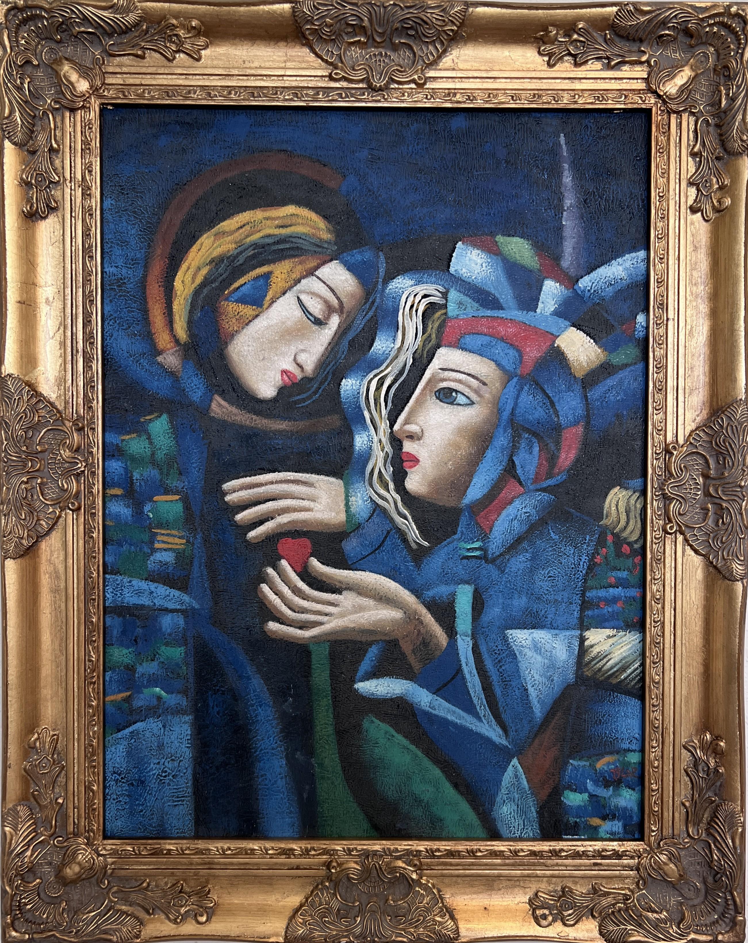 Original Kubistisches Ölgemälde - Liebespaar mit Herz - Signiert Tylor - Goldrahmen