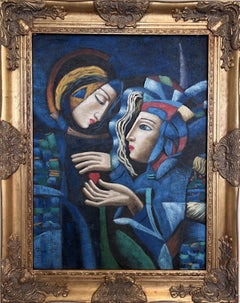 Original Kubistisches Ölgemälde - Liebespaar mit Herz - Signiert Tylor - Goldrahmen