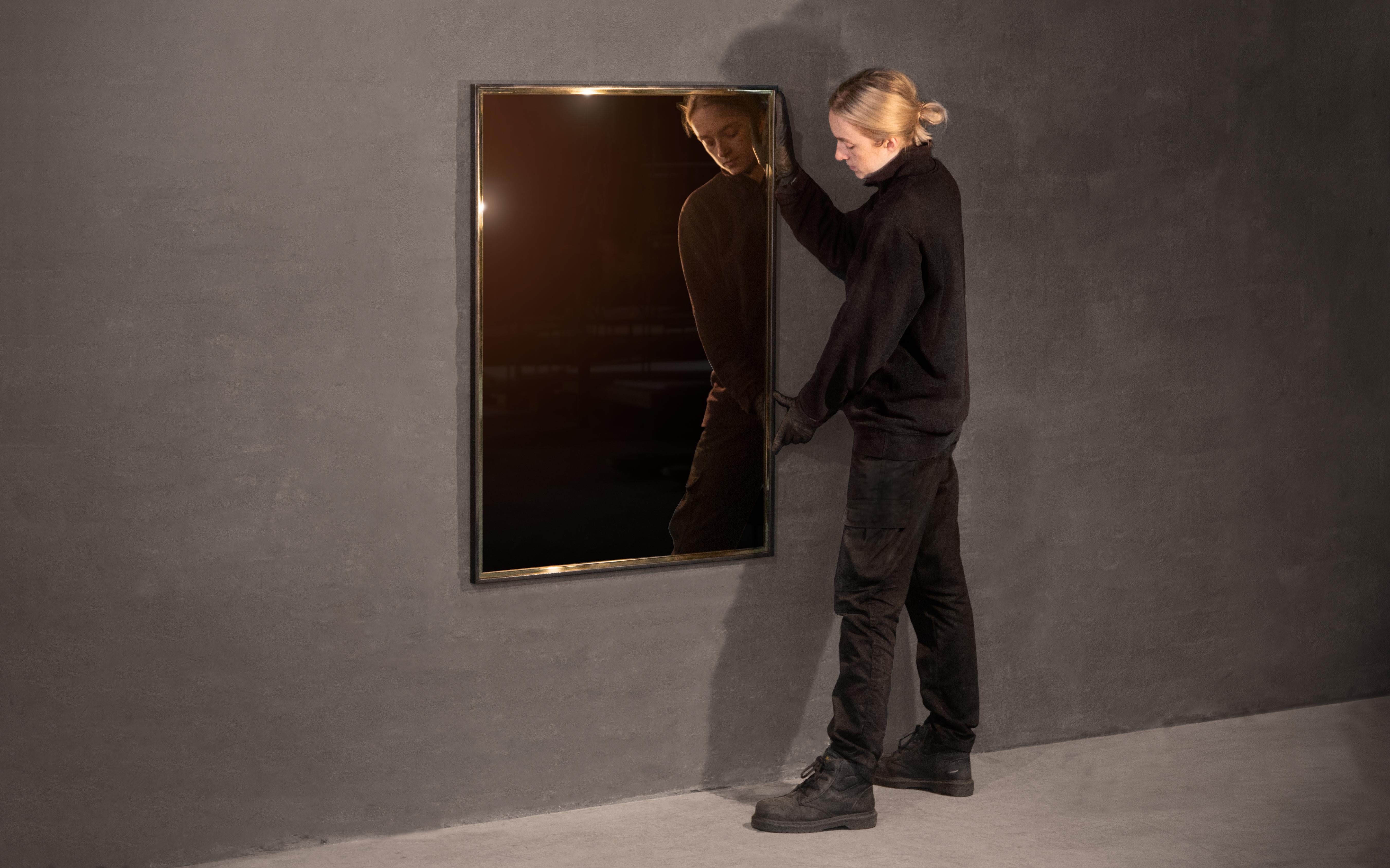 Hand-Crafted Tyne Mirror — Polished Brass & Blackened Steel — Handmade in Britain — Small For Sale