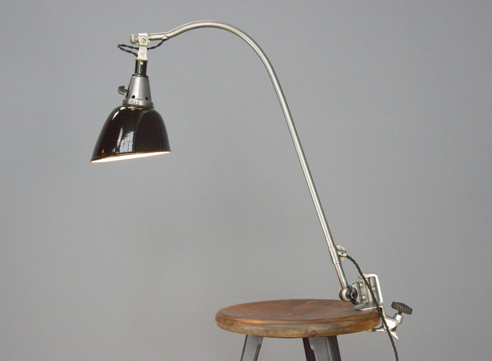 Typ 113 Peitsche Table Lamp By Curt Fischer For Midgard Circa 1930s

- Curved adjustable arm in brushed steel finish
- Angled steel shade in original black enamel finish
- Takes E27 fitting bulbs
- Designed by Curt Fischer
- Typ 113 the