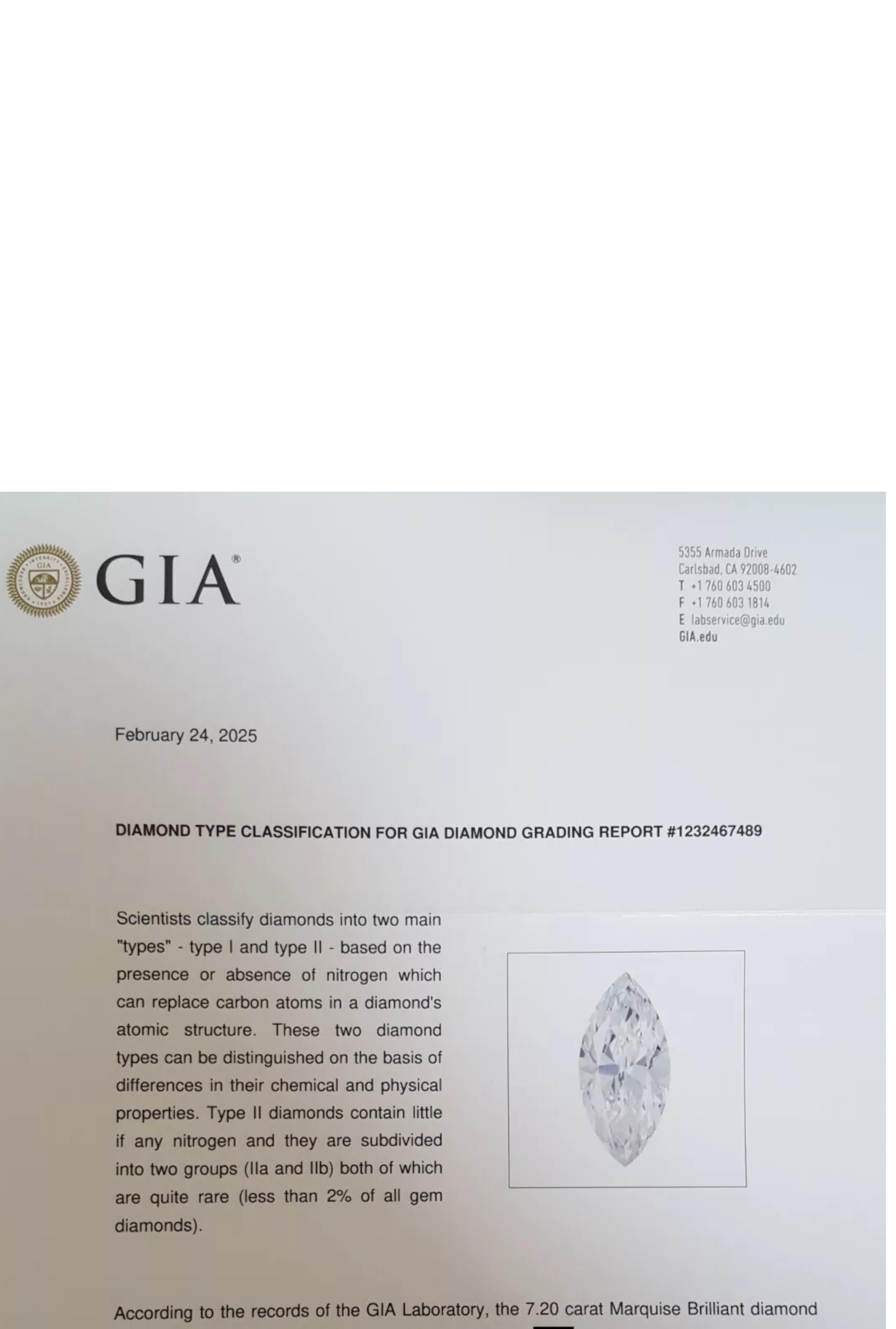 TYPE 2A Bague avec diamant marquise de 7,20 carats certifié GIA, pureté brillante Excellent état - En vente à Chicago, IL