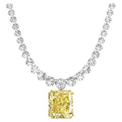 GIA Certified 35 Carat Fancy Intense Yellow Radiant Cut Diamond Riviera Necklace
