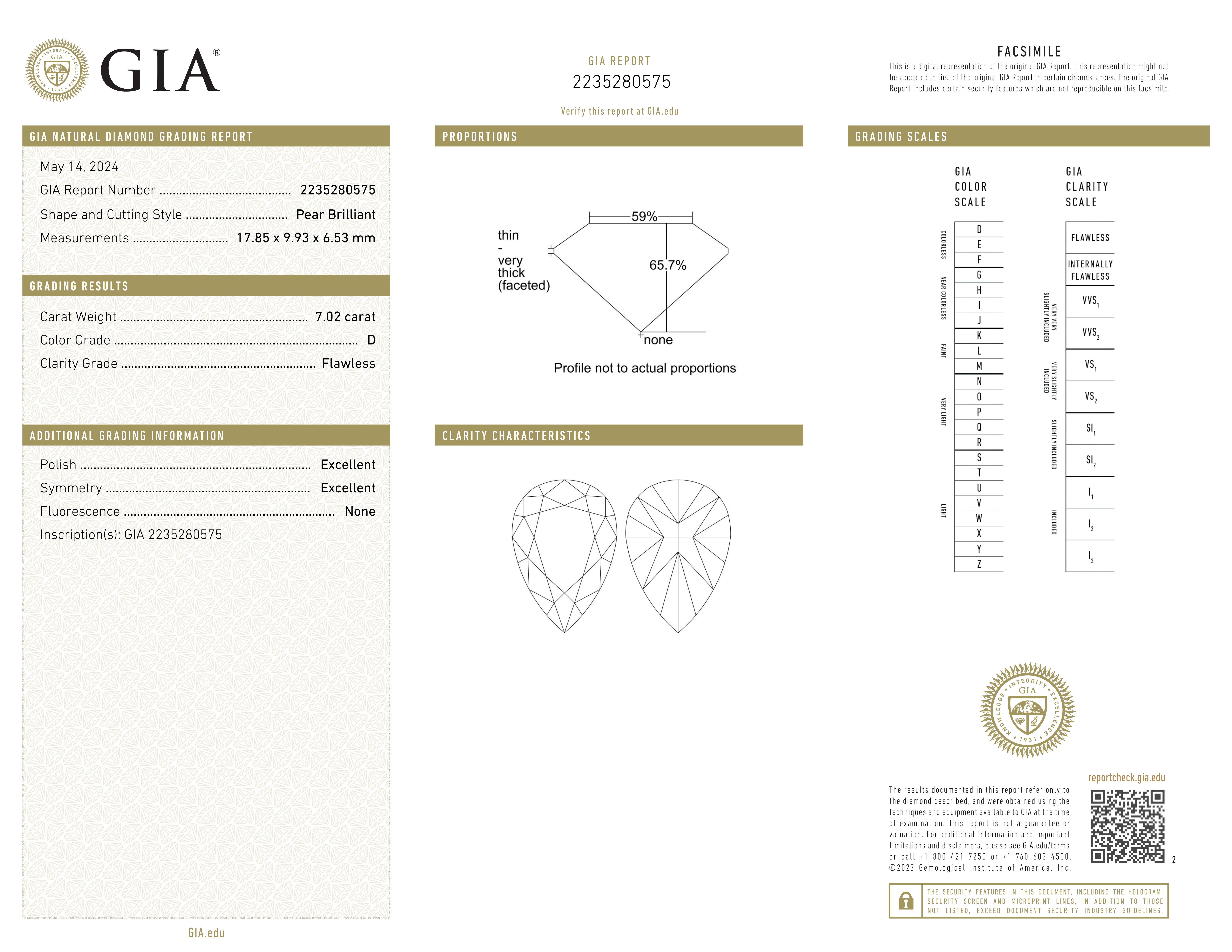 TYPE 2A Golconda type GIA Certified 7.02 Carat Pear Cut Diamond Ring For Sale 1