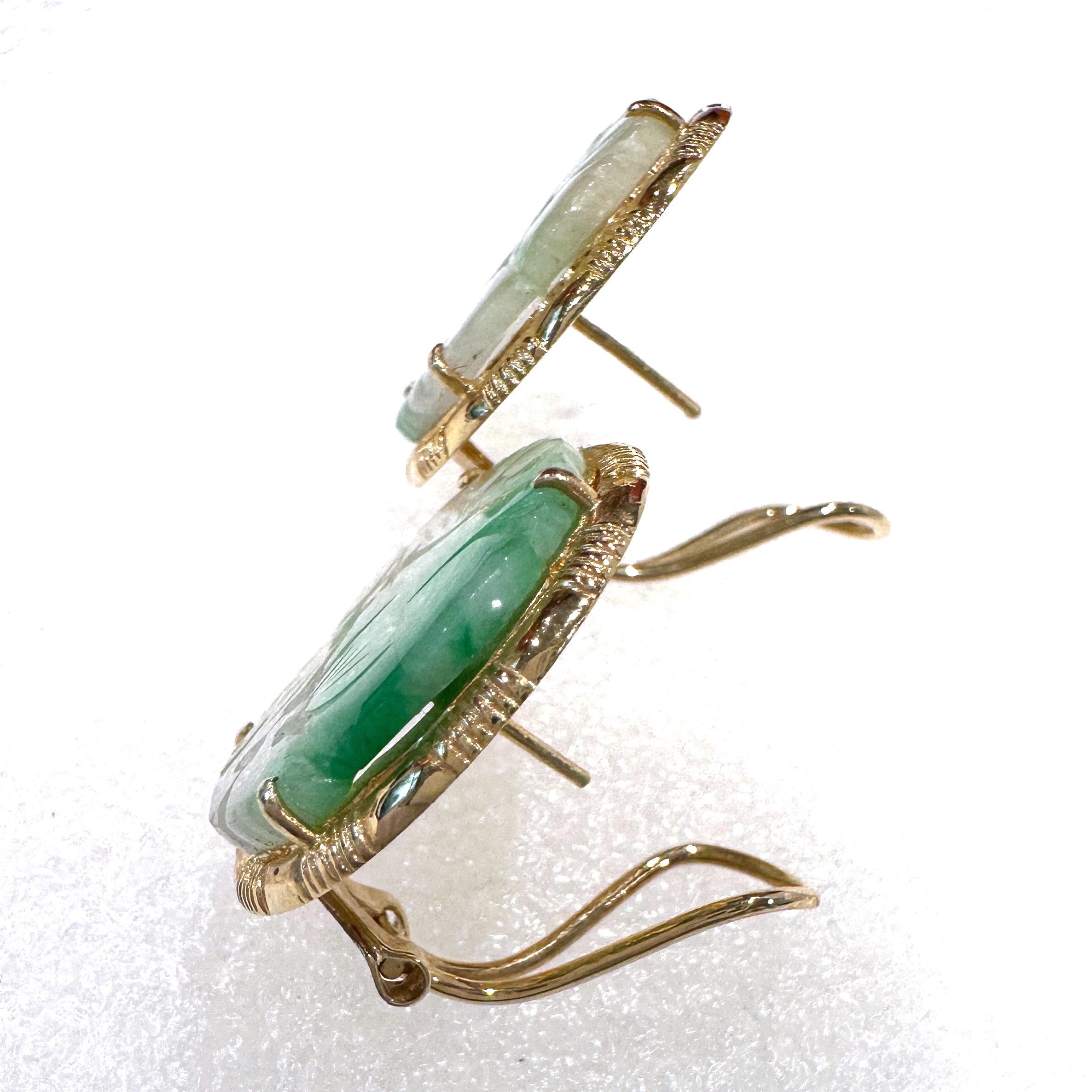 Type A Carved, Pierced Jade Earrings with Post & Omega Closures in 14K Gold For Sale 6