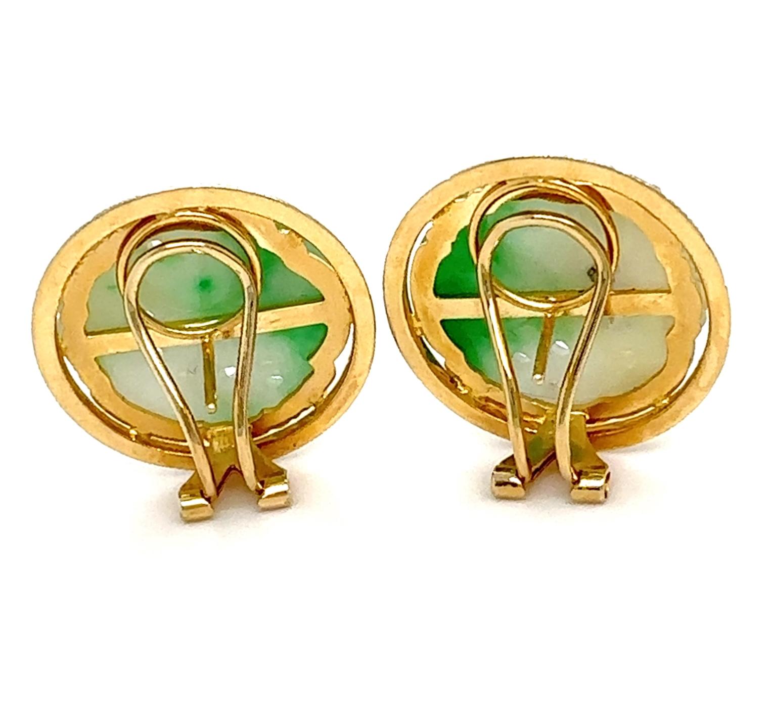 Type A Carved, Pierced Jade Earrings with Post & Omega Closures in 14K Gold For Sale 10