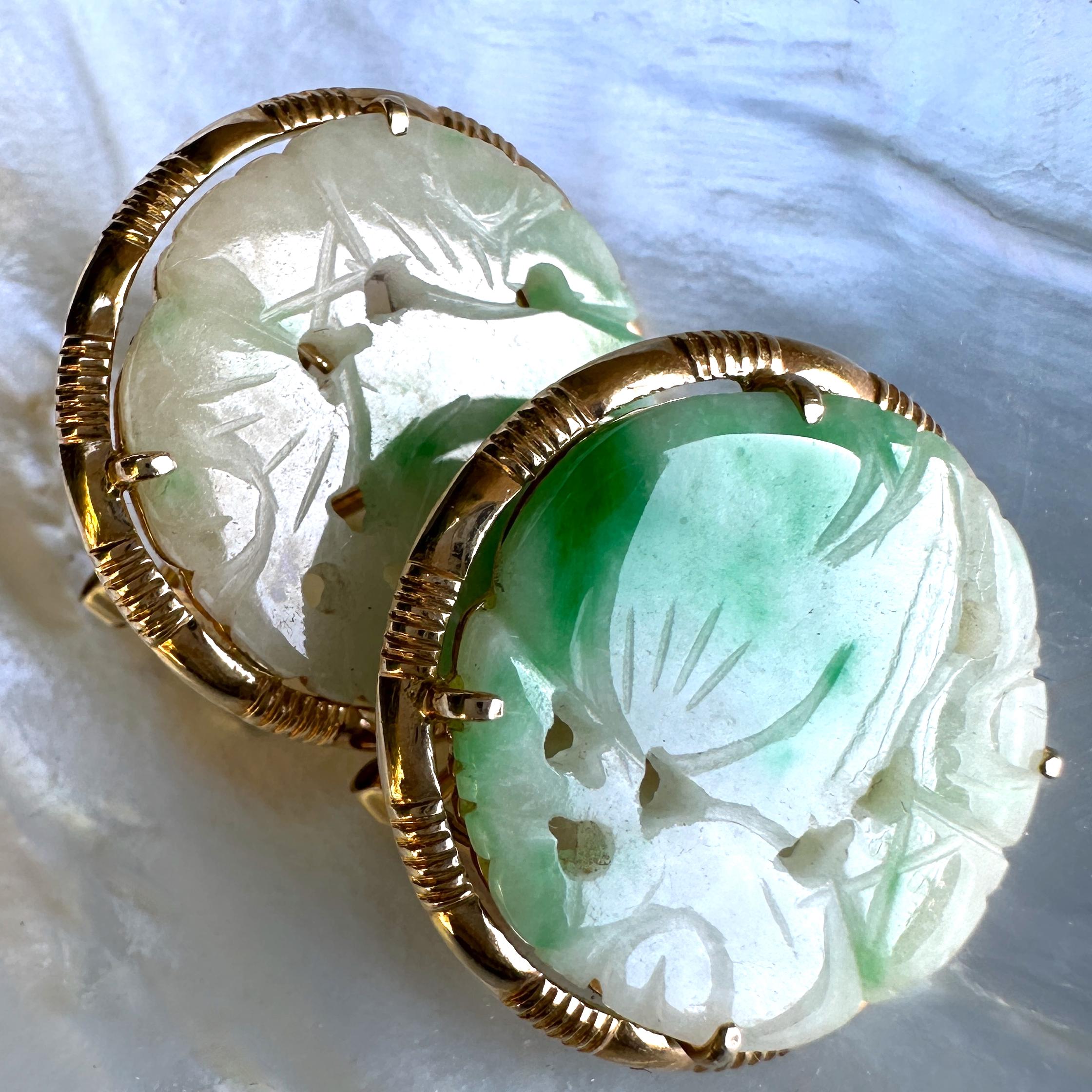 Type A Carved, Pierced Jade Earrings with Post & Omega Closures in 14K Gold In Excellent Condition For Sale In Sherman Oaks, CA