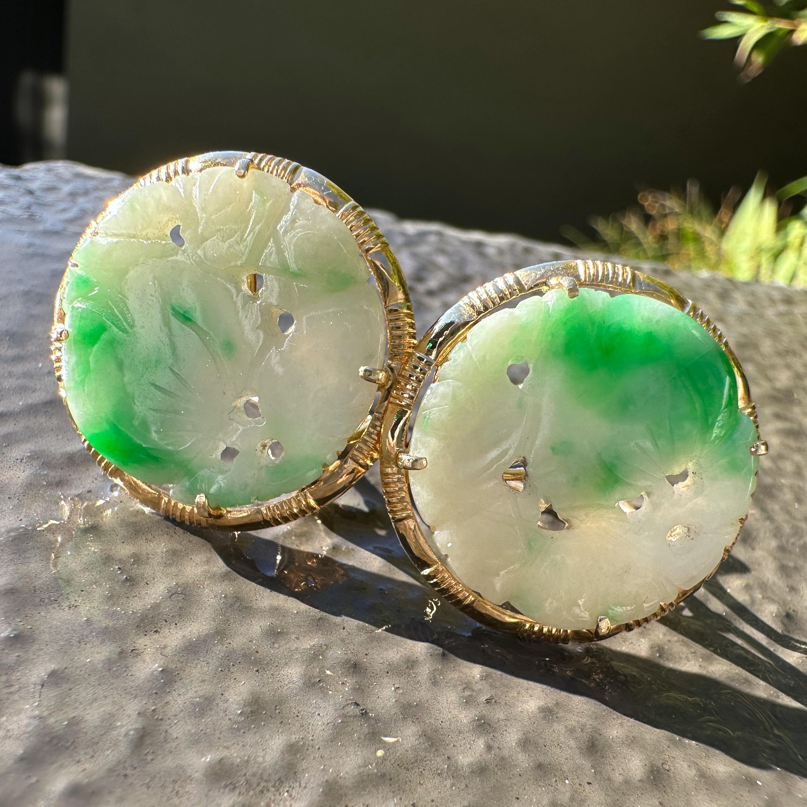 Women's or Men's Type A Carved, Pierced Jade Earrings with Post & Omega Closures in 14K Gold For Sale