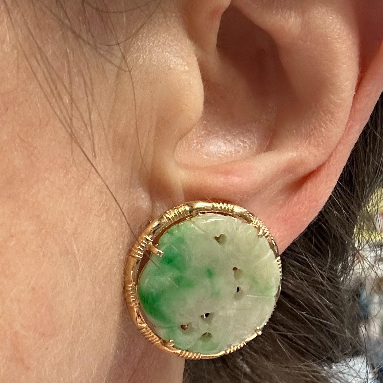 Type A Carved, Pierced Jade Earrings with Post & Omega Closures in 14K Gold For Sale 1