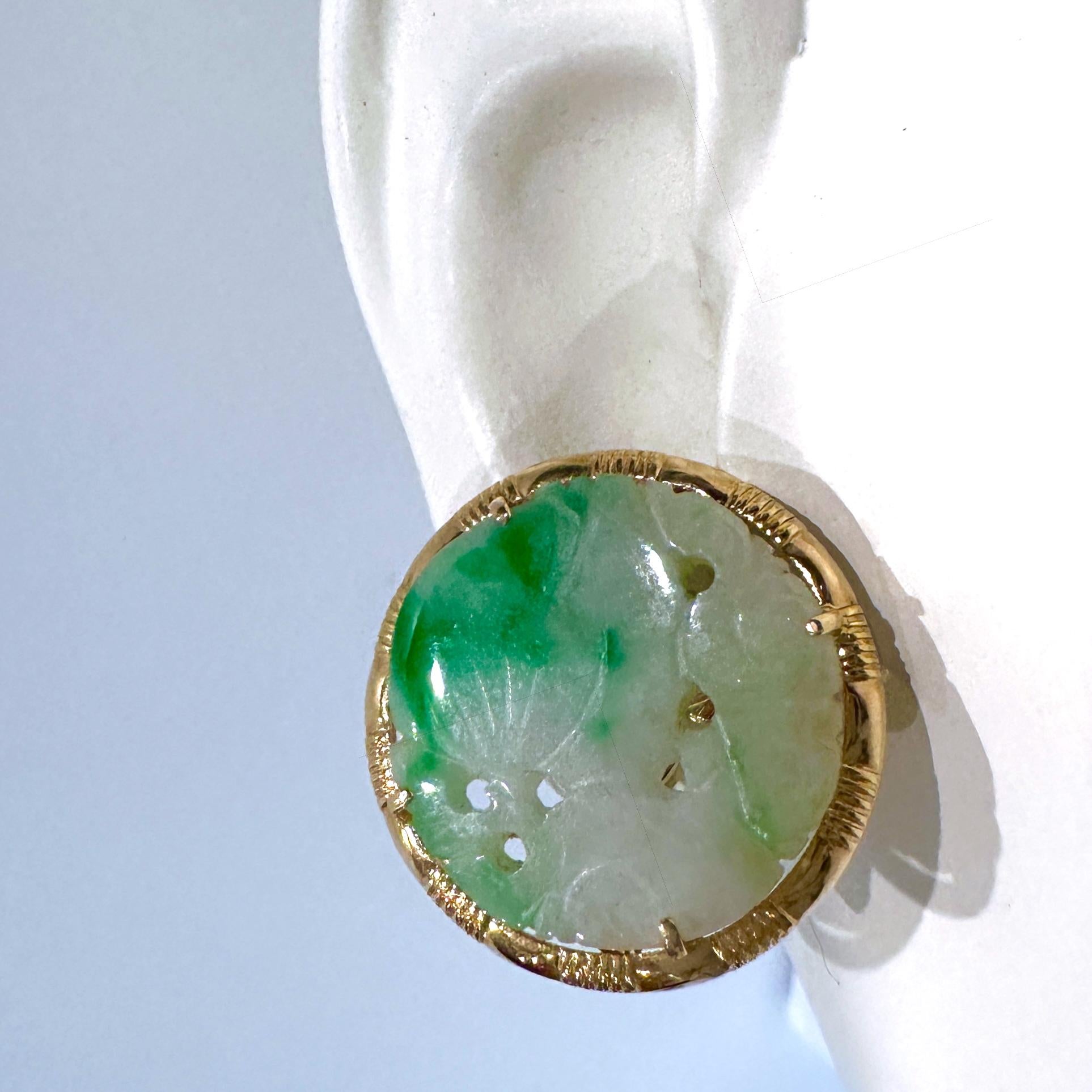 Type A Carved, Pierced Jade Earrings with Post & Omega Closures in 14K Gold For Sale 2