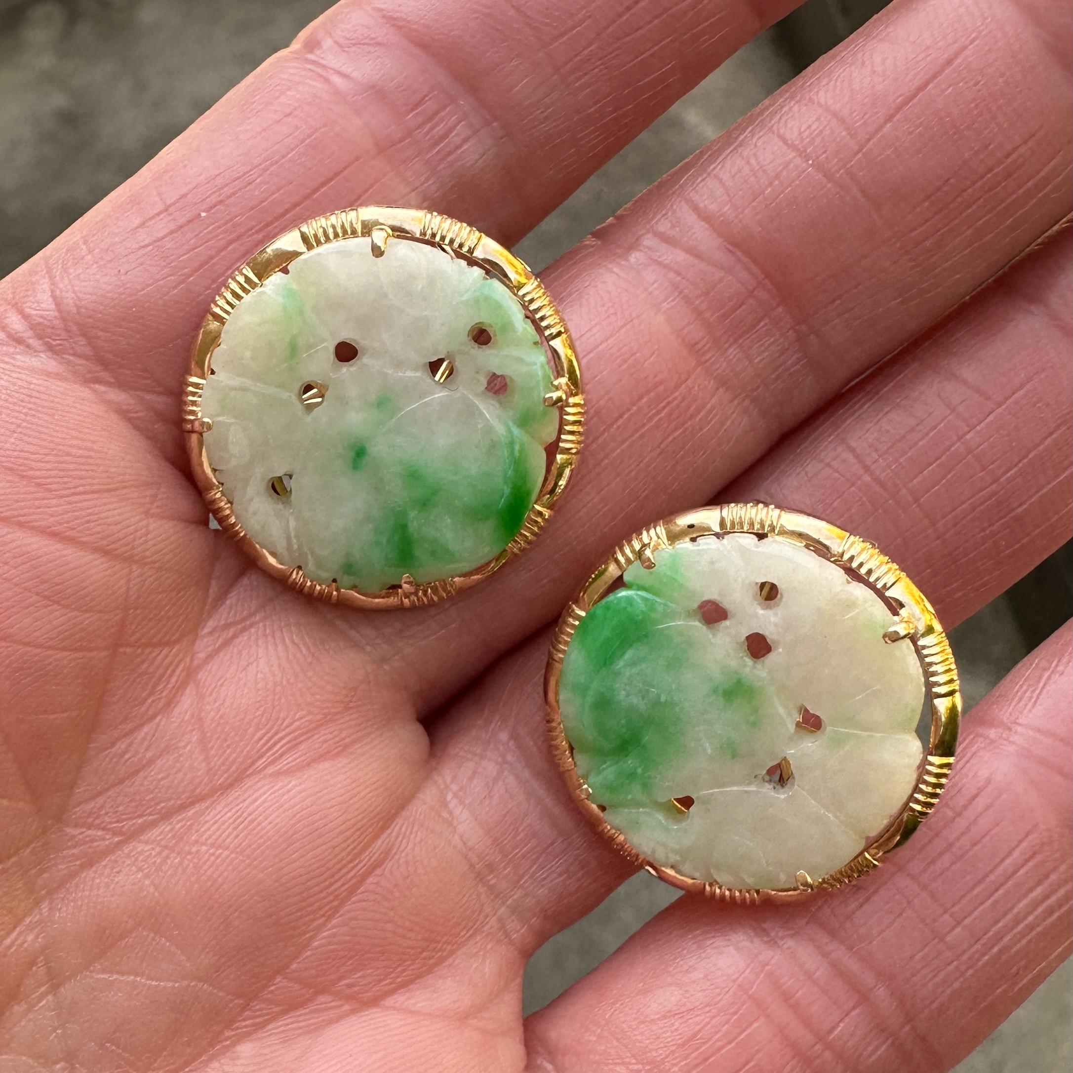 Type A Carved, Pierced Jade Earrings with Post & Omega Closures in 14K Gold For Sale 3