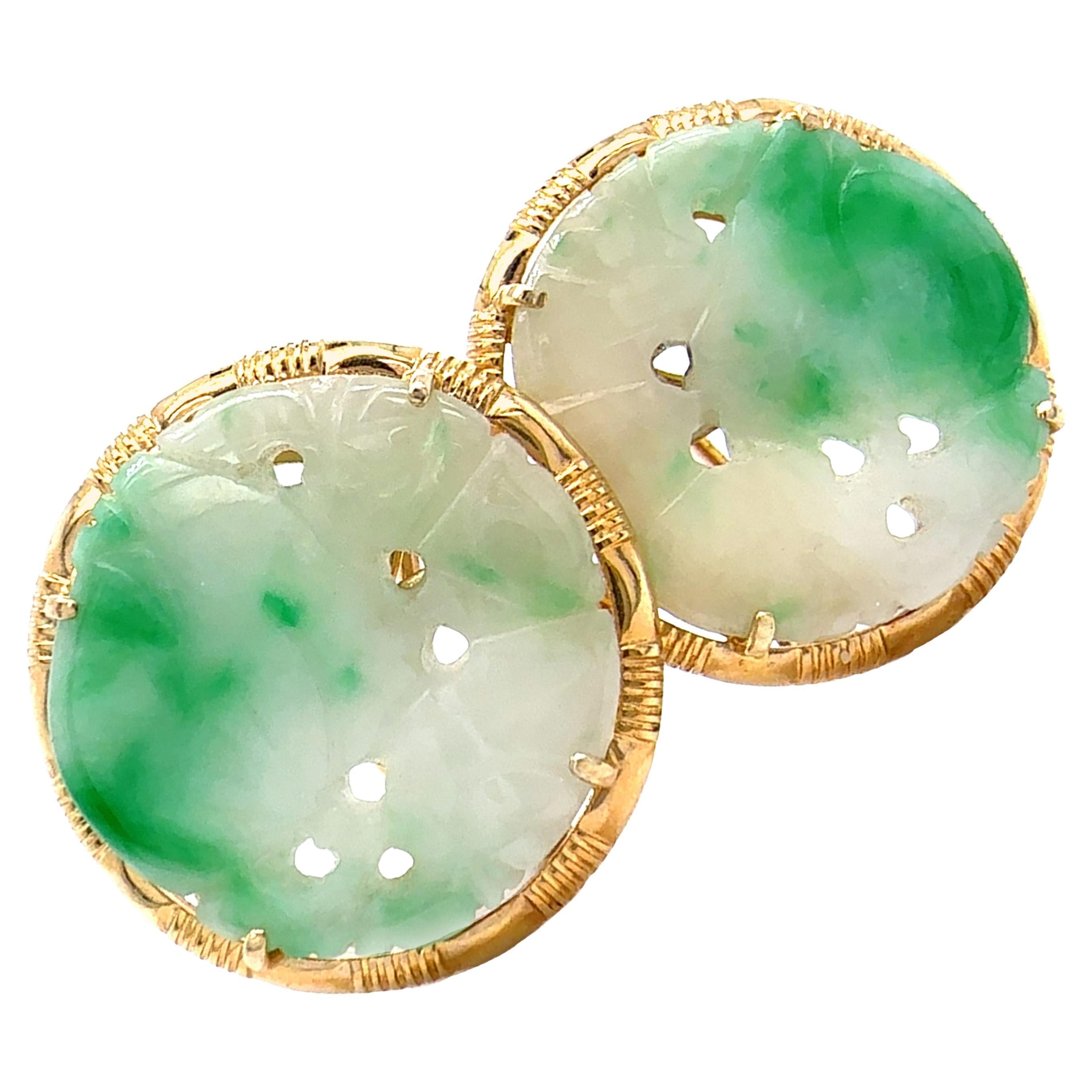 Type A Carved, Pierced Jade Earrings with Post & Omega Closures in 14K Gold For Sale
