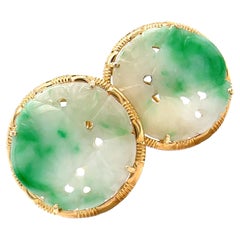 Type A Carved, Pierced Jade Earrings with Post & Omega Closures in 14K Gold