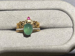 Type A Green Jadeite and Diamond Detachable Ring in 18k Yellow and White Gold