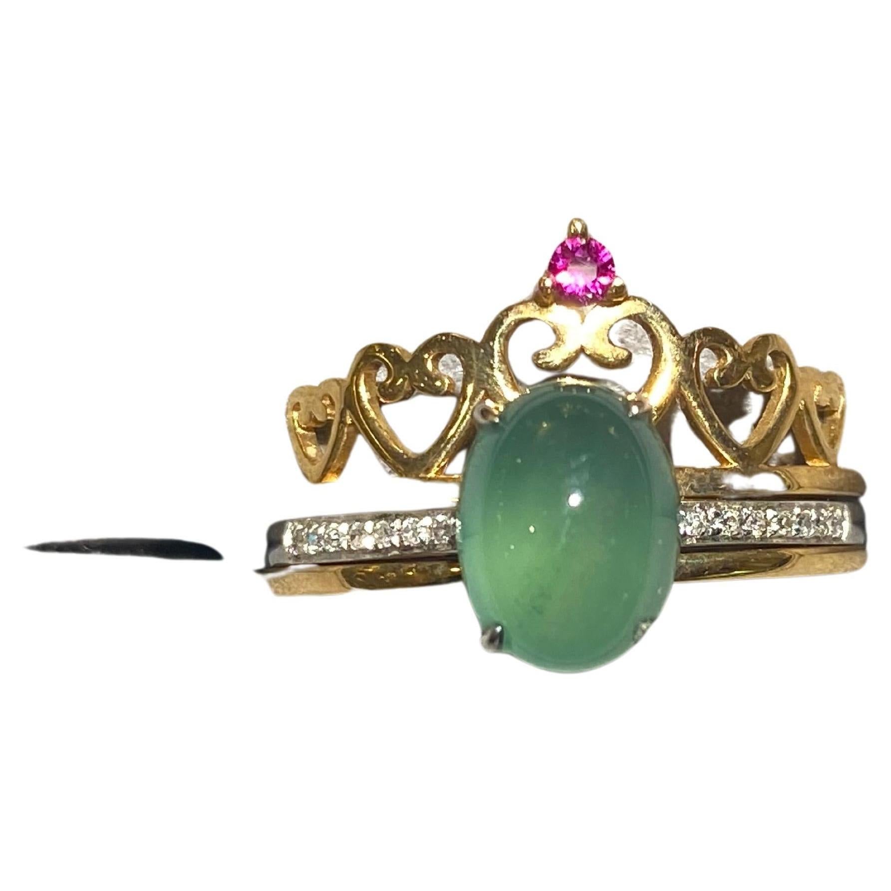 Type A Green Jadeite and Diamond Detachable Ring in 18k Yellow and White Gold For Sale