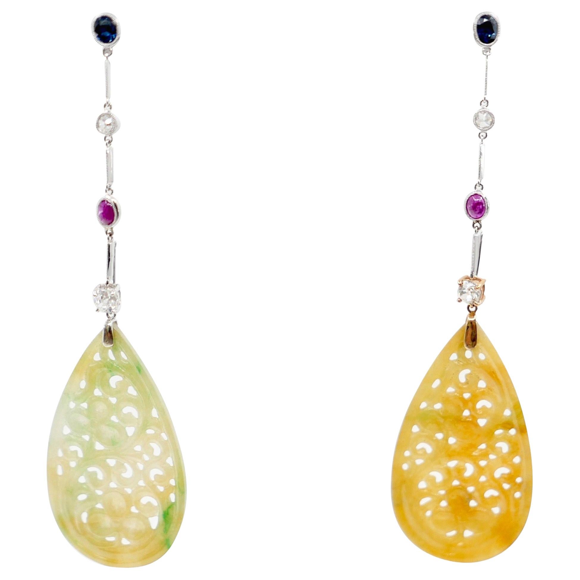 Type A Jadeite Jade Drop Earrings / Pendants Rubies OMC Diamond and Sapphires For Sale 6