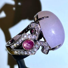 Type A Lavender Jadeite Jade, Star Ruby and Diamond Ring in 18k White Gold