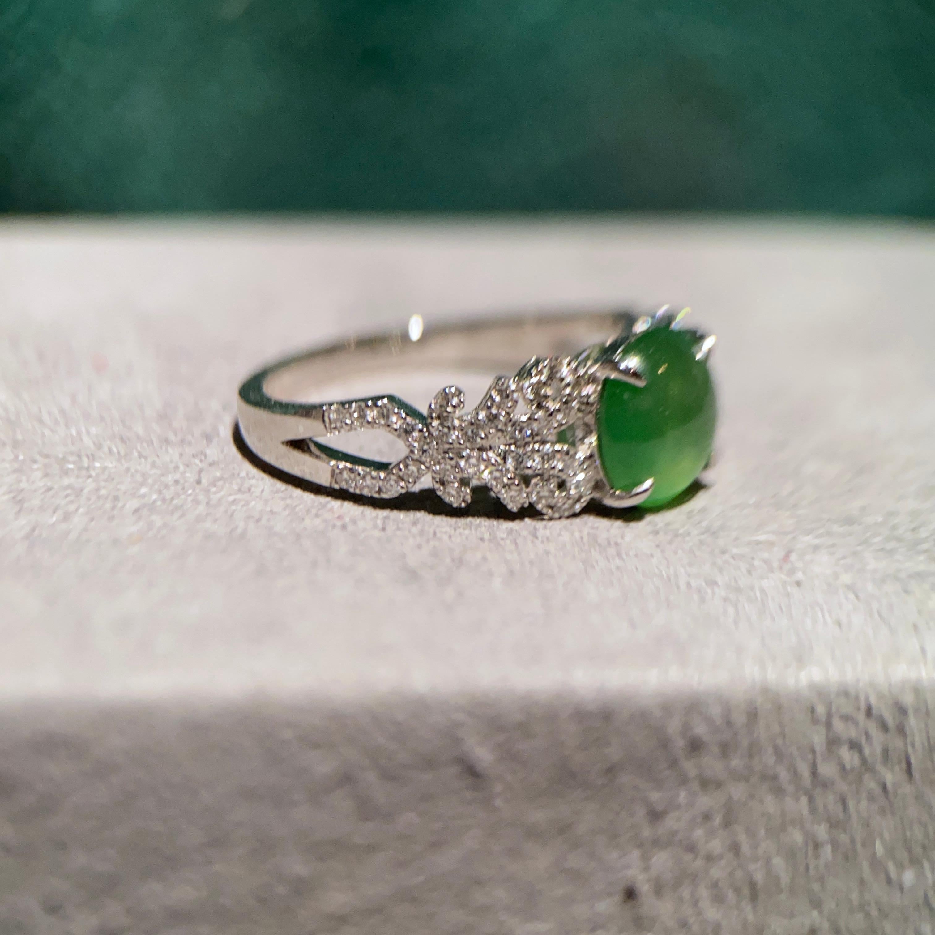 Contemporary Eostre Jadeite and Diamond 18K White Gold Ring  For Sale