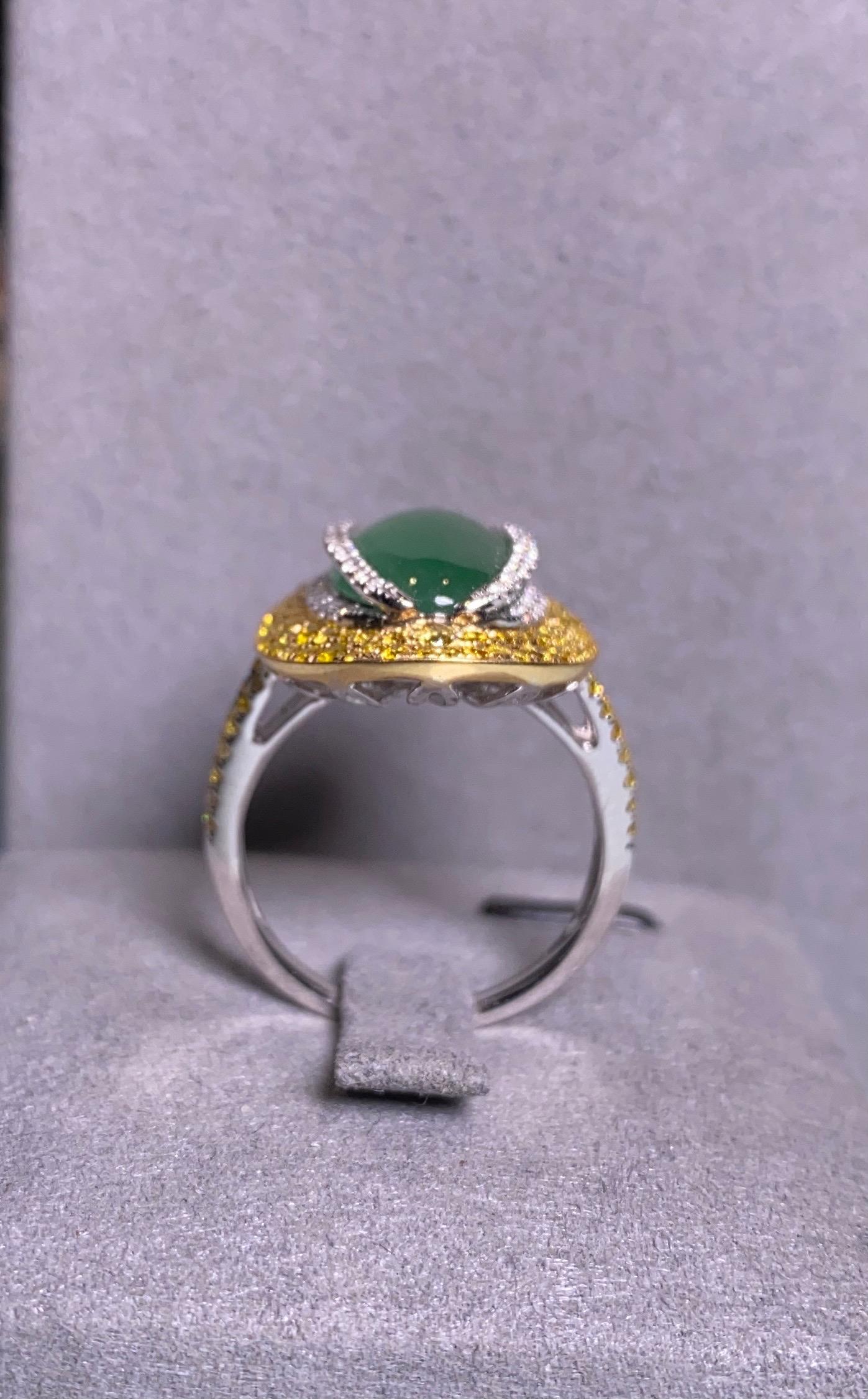 Contemporary Eostre Type A Natural Green Jadeite, Yellow and White Diamond Ring in 18K Gold For Sale