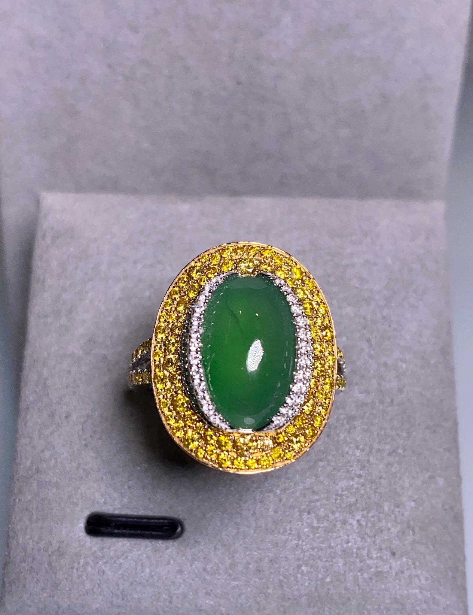 Cabochon Eostre Type A Natural Green Jadeite, Yellow and White Diamond Ring in 18K Gold For Sale