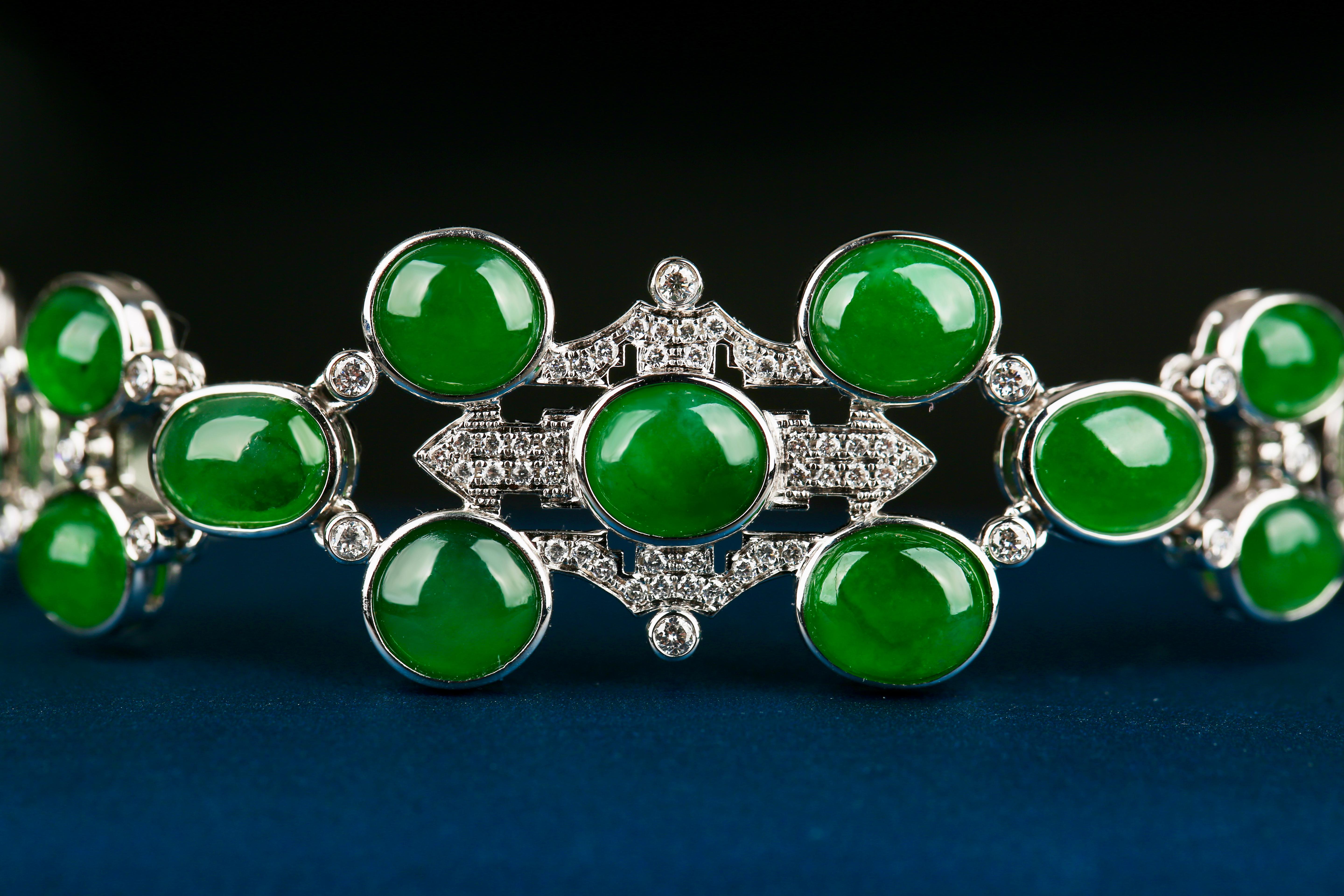 Cabochon Eostre Jadeite Jade and Diamond White Gold Bracelet  