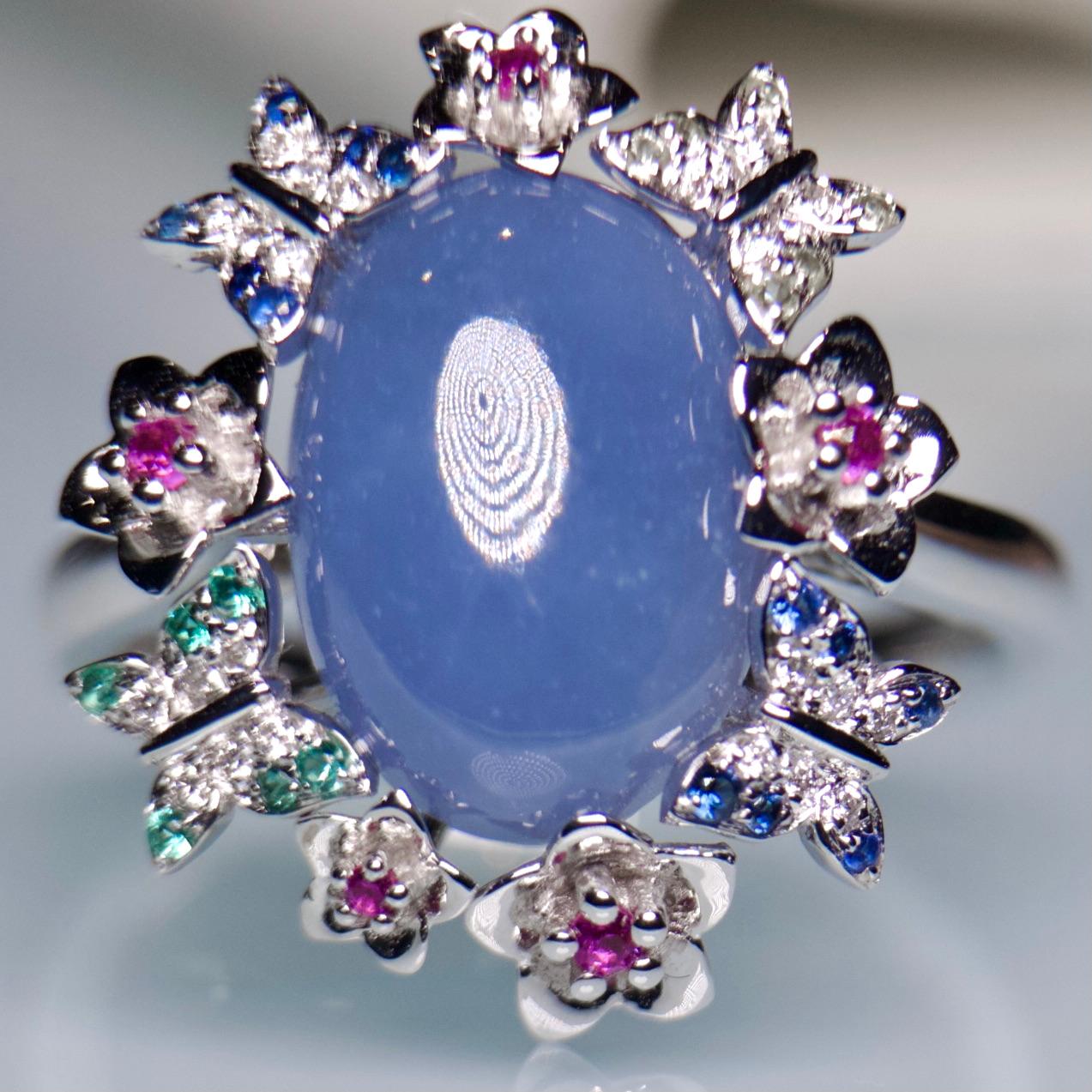 Contemporary Type A Natural Purplish Blue Jadeite Jade and Diamond Ring in 18k White Gold