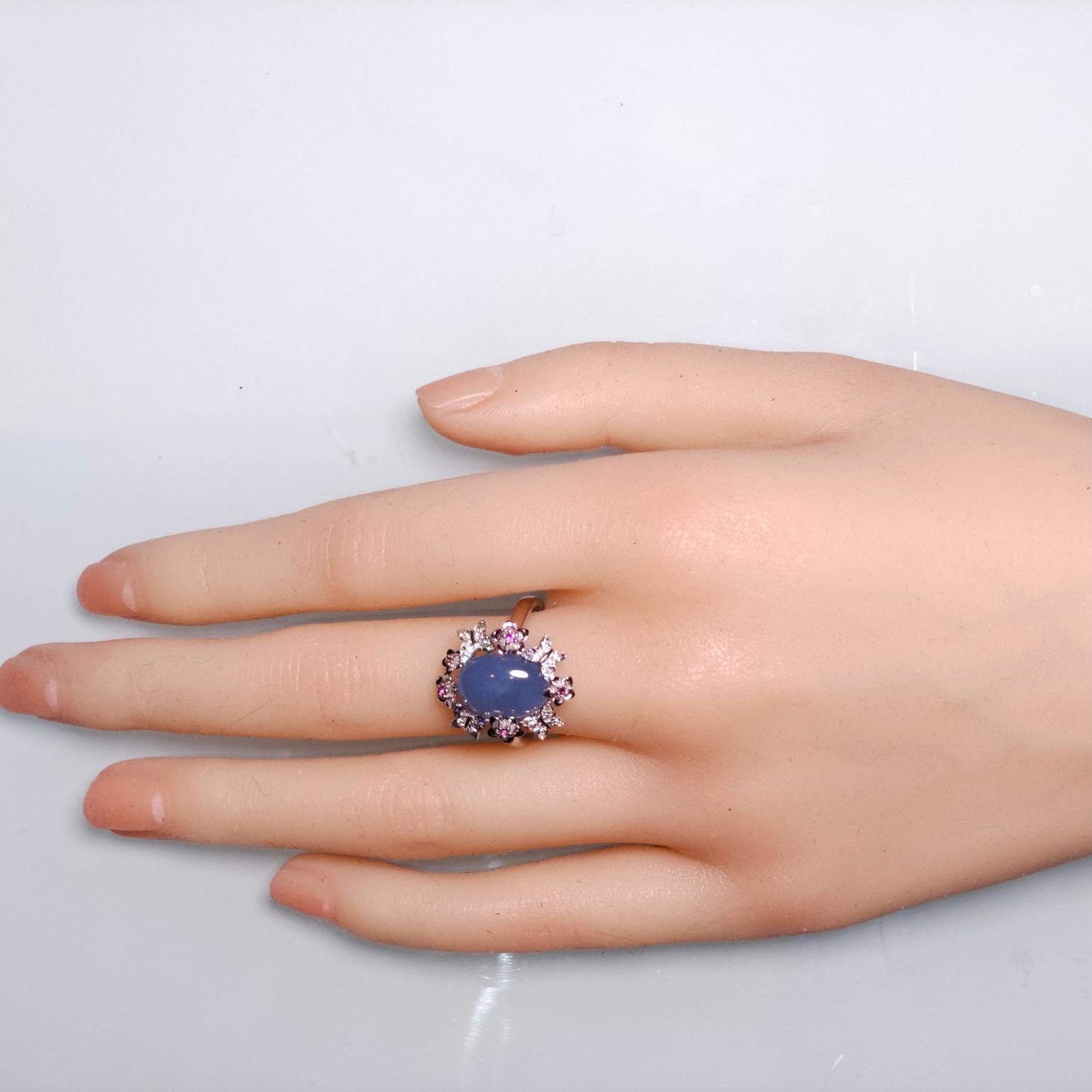 Cabochon Type A Natural Purplish Blue Jadeite Jade and Diamond Ring in 18k White Gold