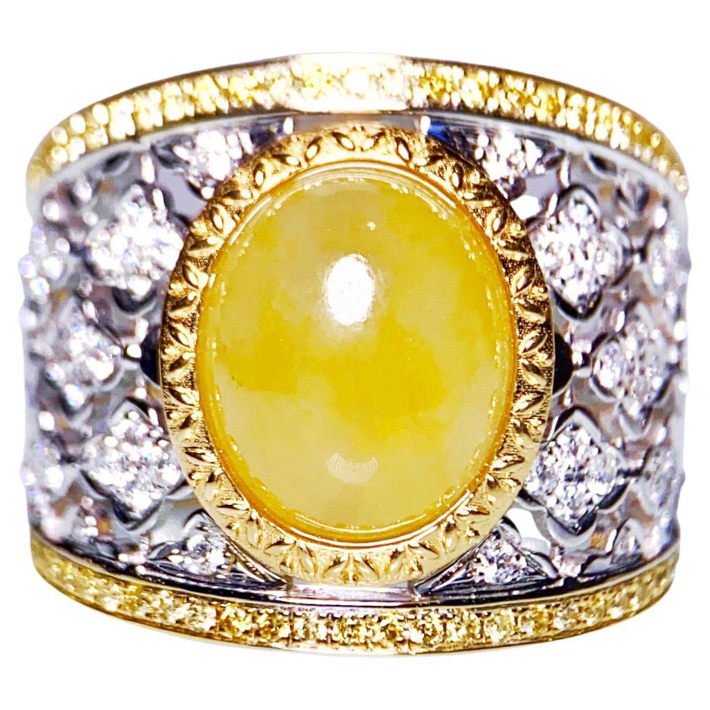Eostre Type A Natural Yellow Jadeite Jade and Diamond Ring in 18K Gold For Sale