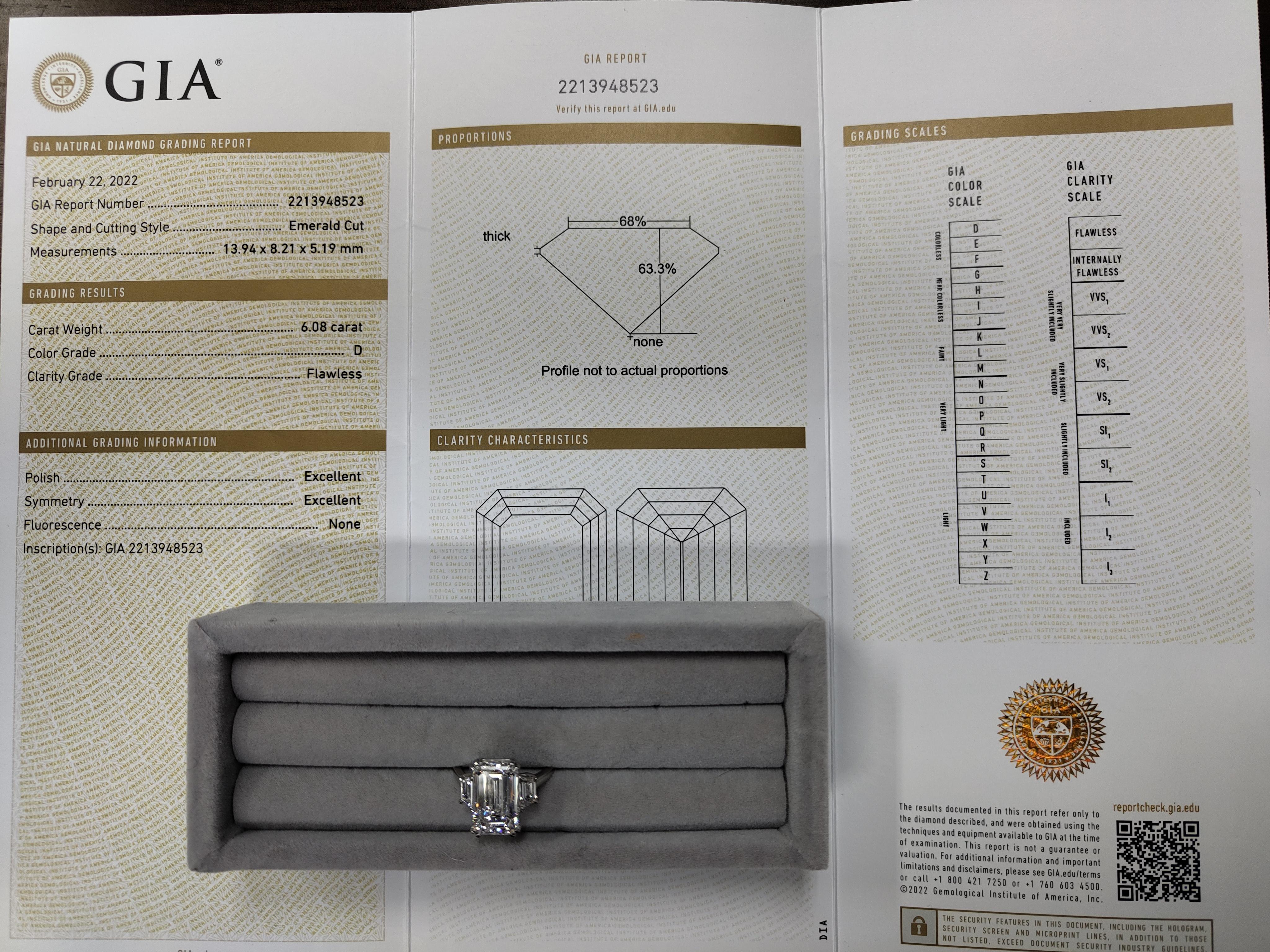 Type IIA Golconda D Color GIA Certifield 6 Carat Emerald Cut Diamond Ring For Sale 2