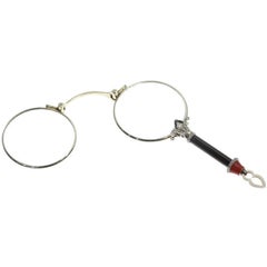 Typical Art Deco Lorgnette or Face a Main with Diamonds Onyx Coral