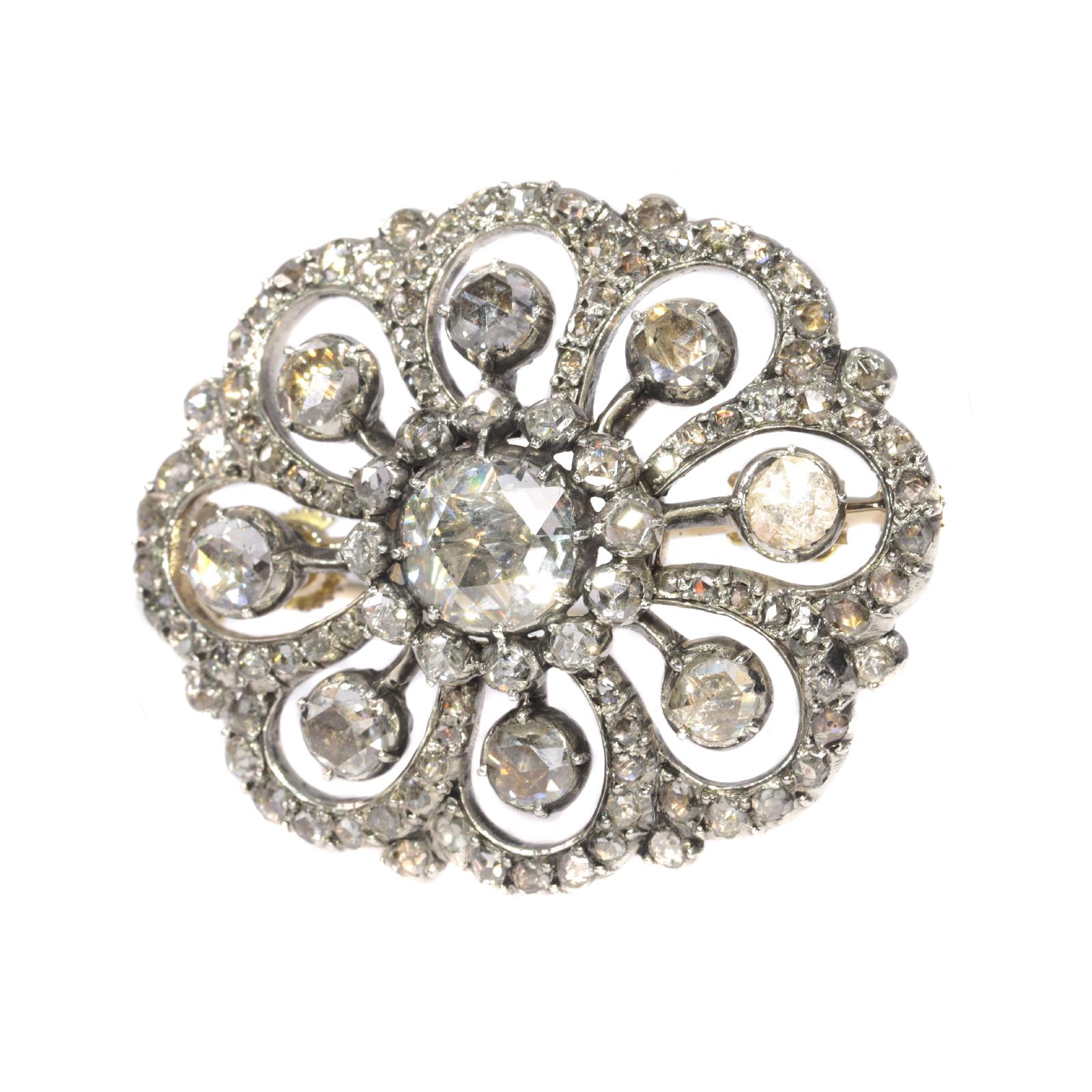 Victorian Typical Dutch Antique Rose Cut Diamond Jewel Brooch, 1860s For Sale