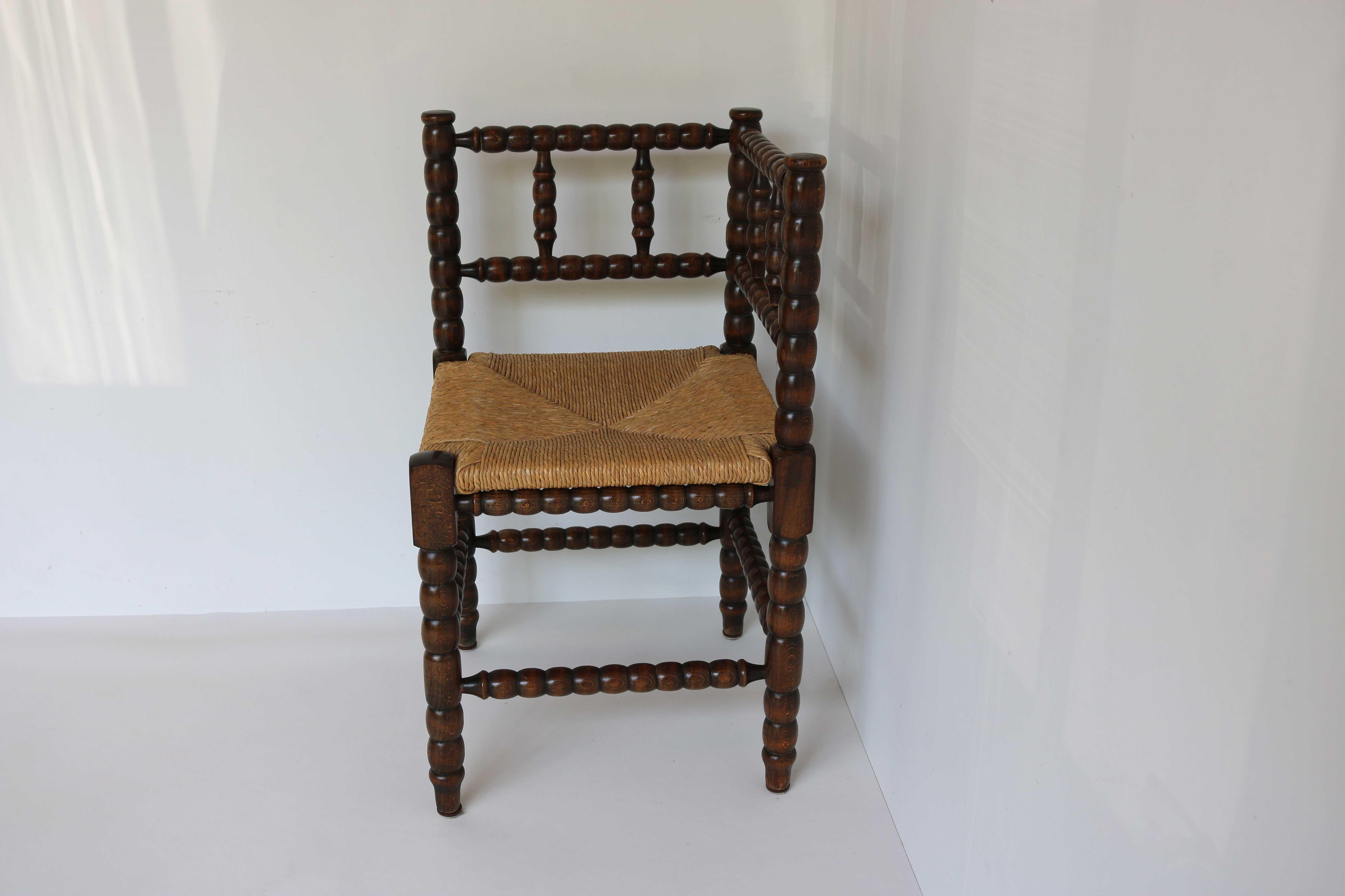Typical Dutch Antique Rush-Seat Corner Bobbin Side Knitting Chair, 1900 1