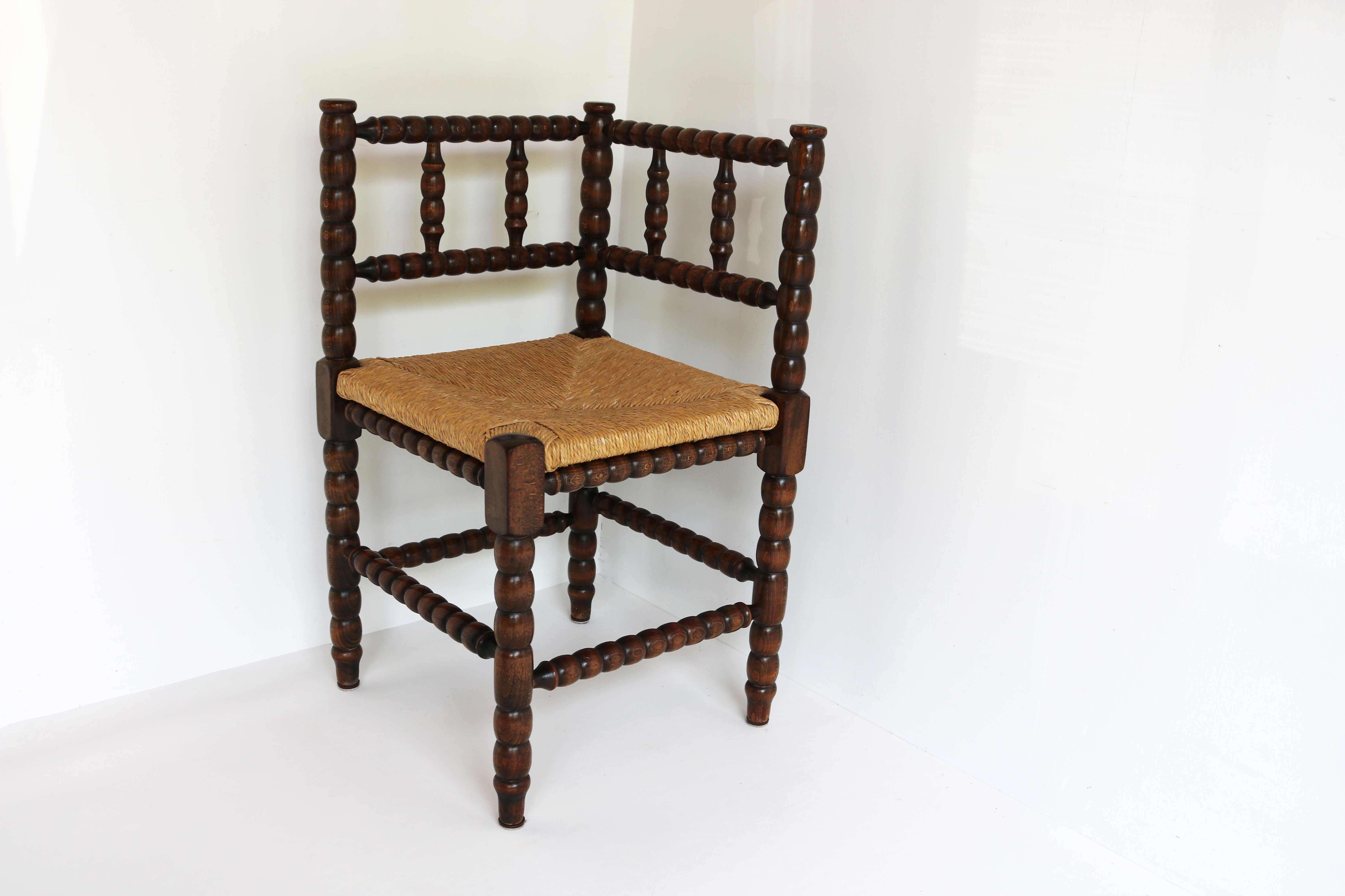 Typical Dutch Antique Rush-Seat Corner Bobbin Side Knitting Chair, 1900 For Sale 1