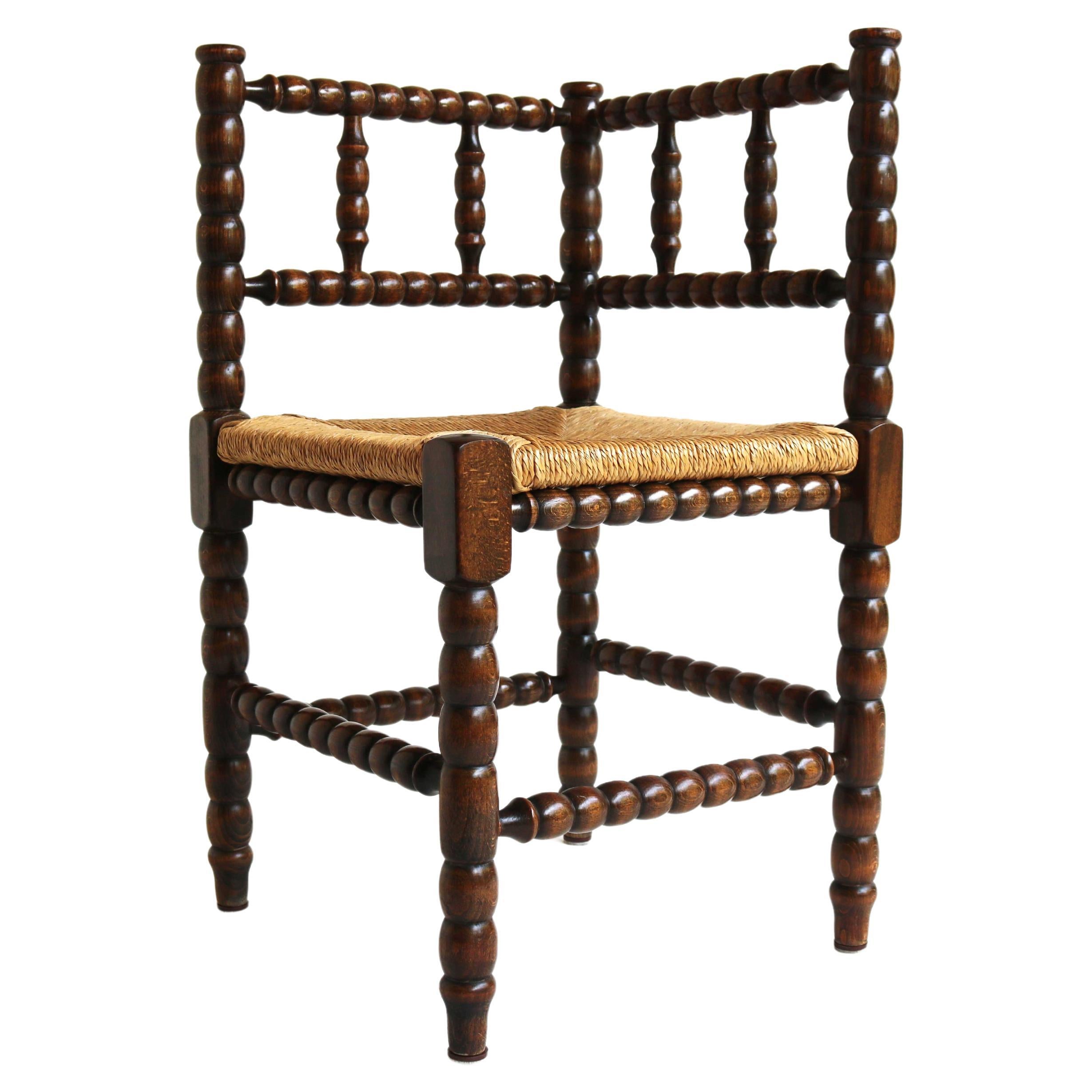 Typical Dutch Antique Rush-Seat Corner Bobbin Side Knitting Chair, 1900 For Sale