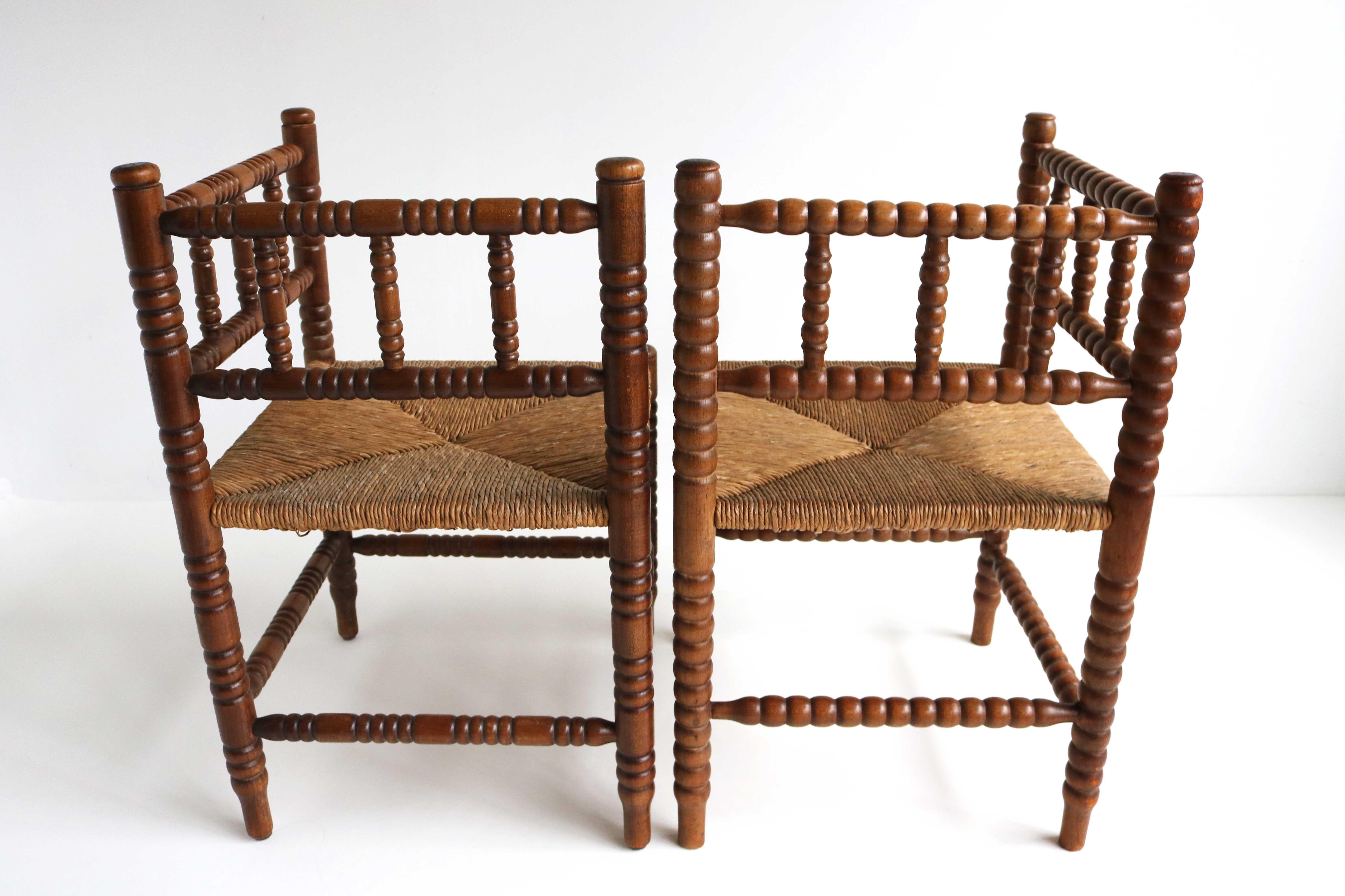 Typical Dutch Pair Antique Rush-Seat Corner Bobbin Side Knitting Chairs, 1900 5