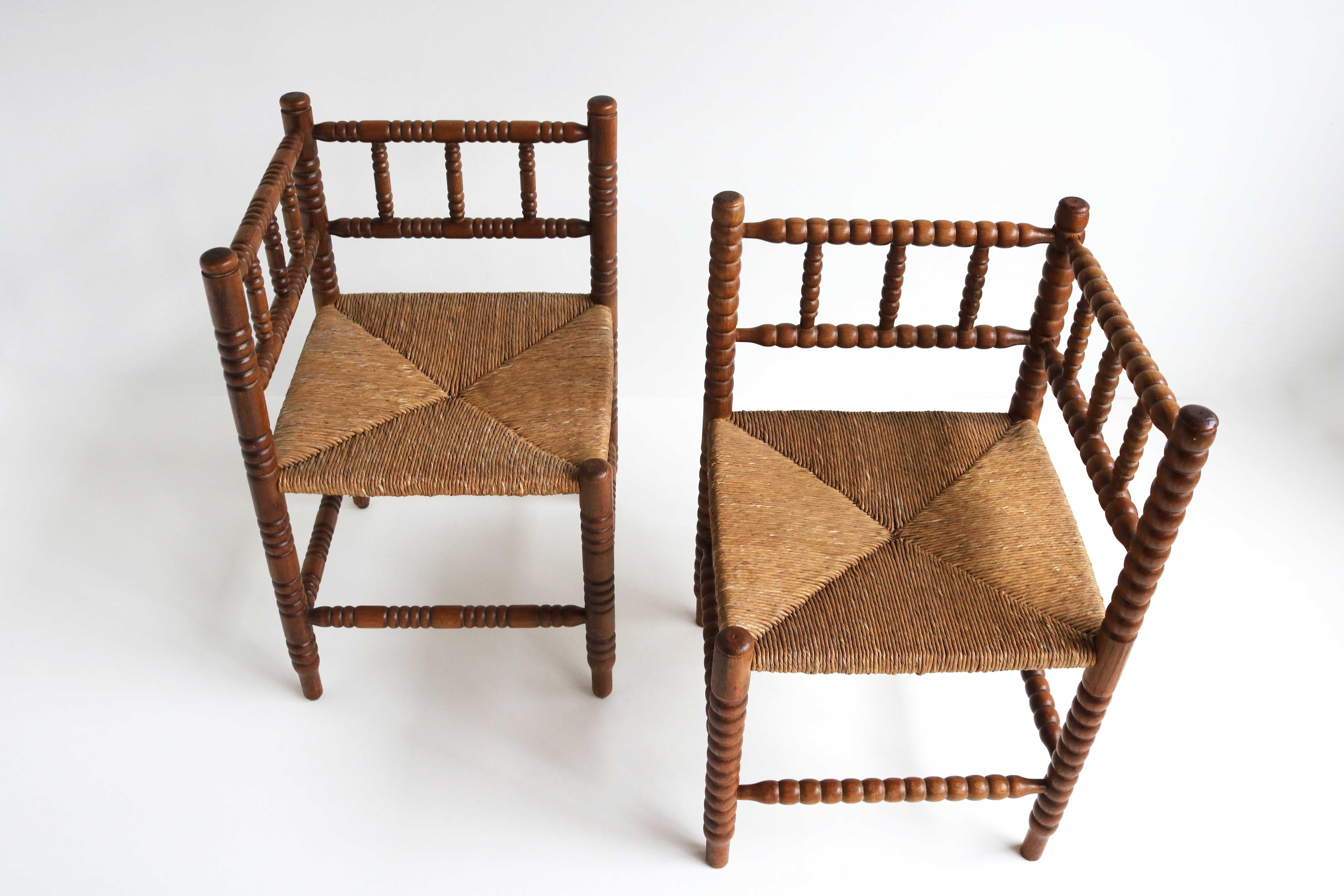 Typical Dutch Pair Antique Rush-Seat Corner Bobbin Side Knitting Chairs, 1900 7