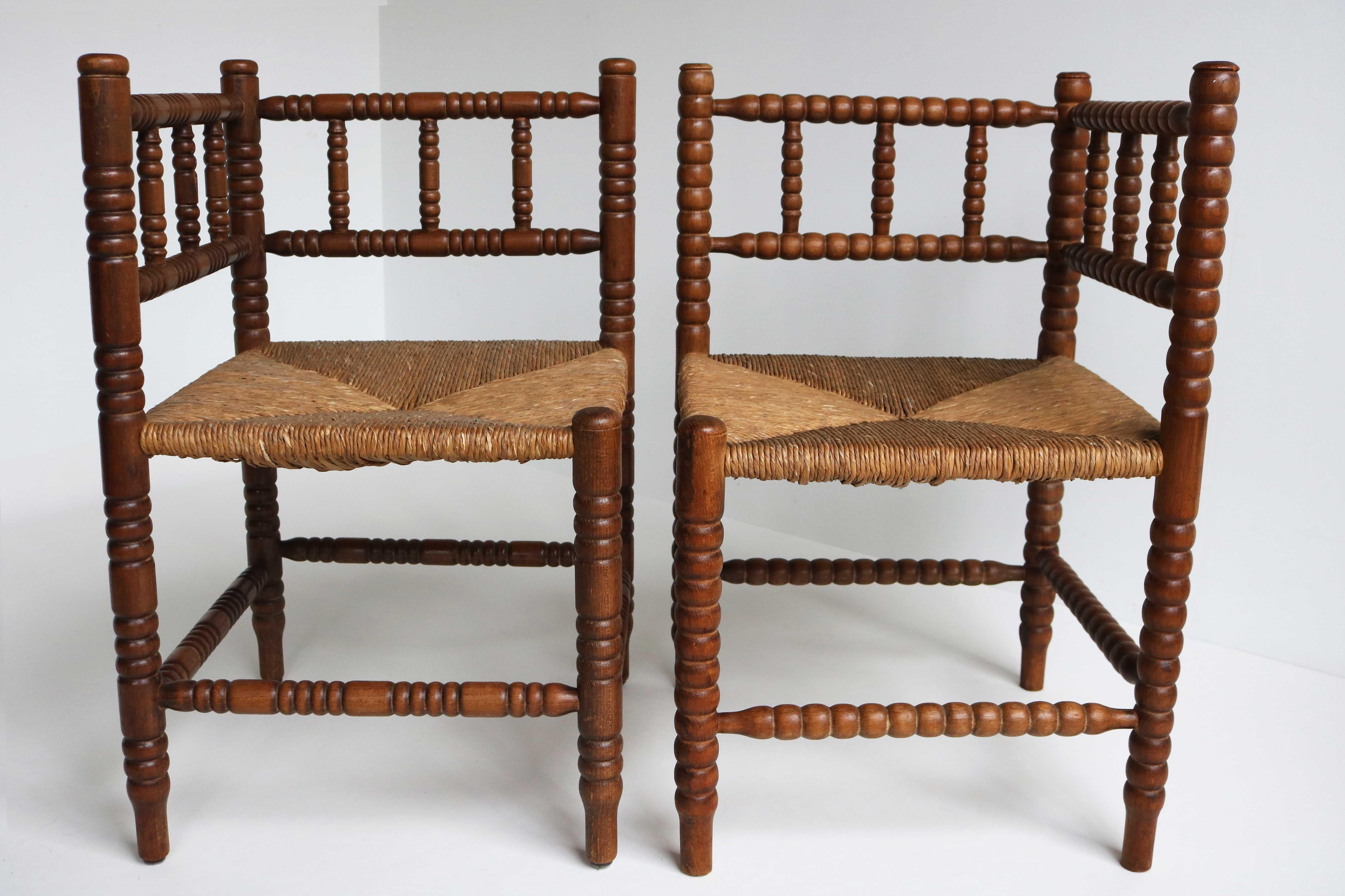 Typical Dutch Pair Antique Rush-Seat Corner Bobbin Side Knitting Chairs, 1900 8