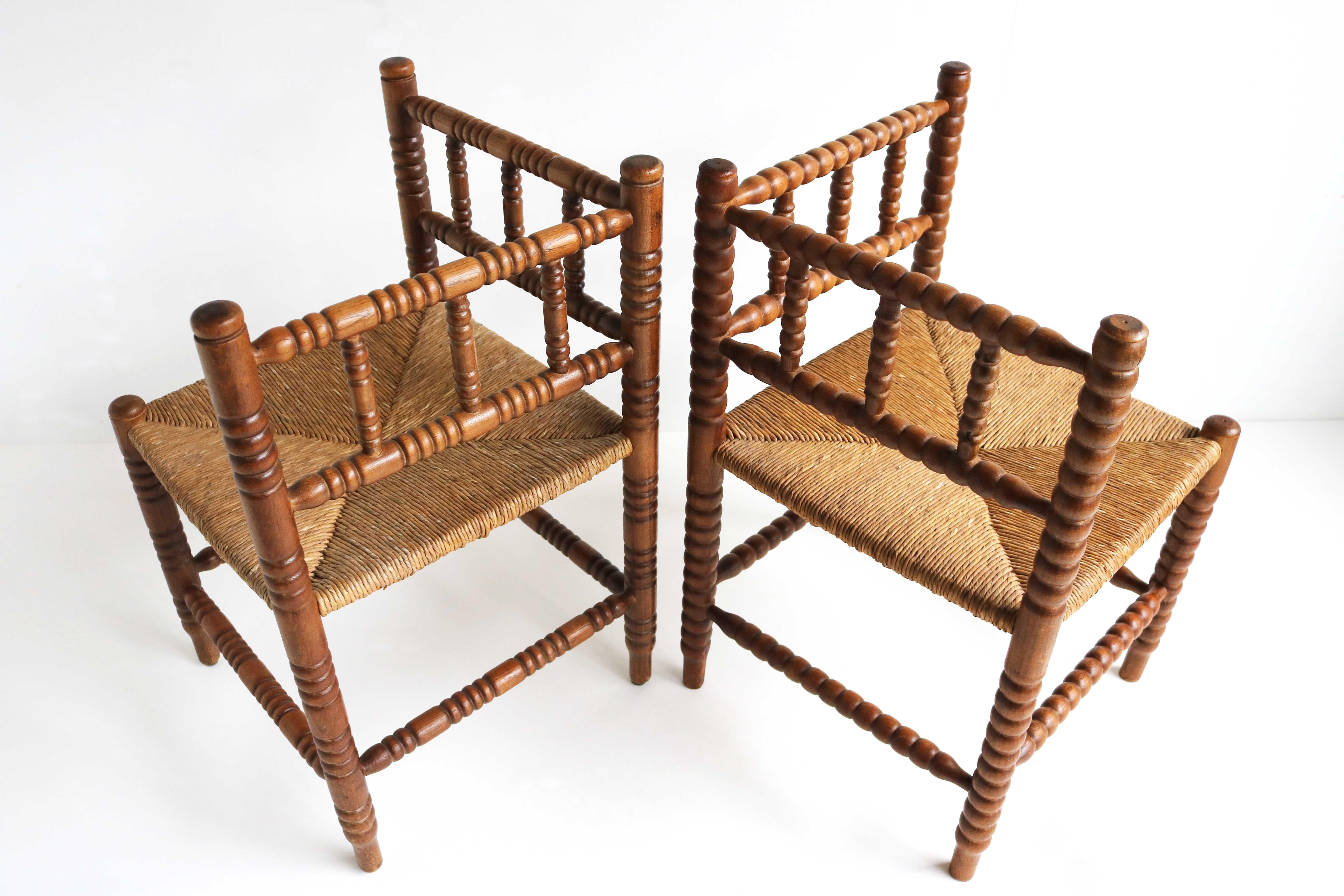 20th Century Typical Dutch Pair Antique Rush-Seat Corner Bobbin Side Knitting Chairs, 1900