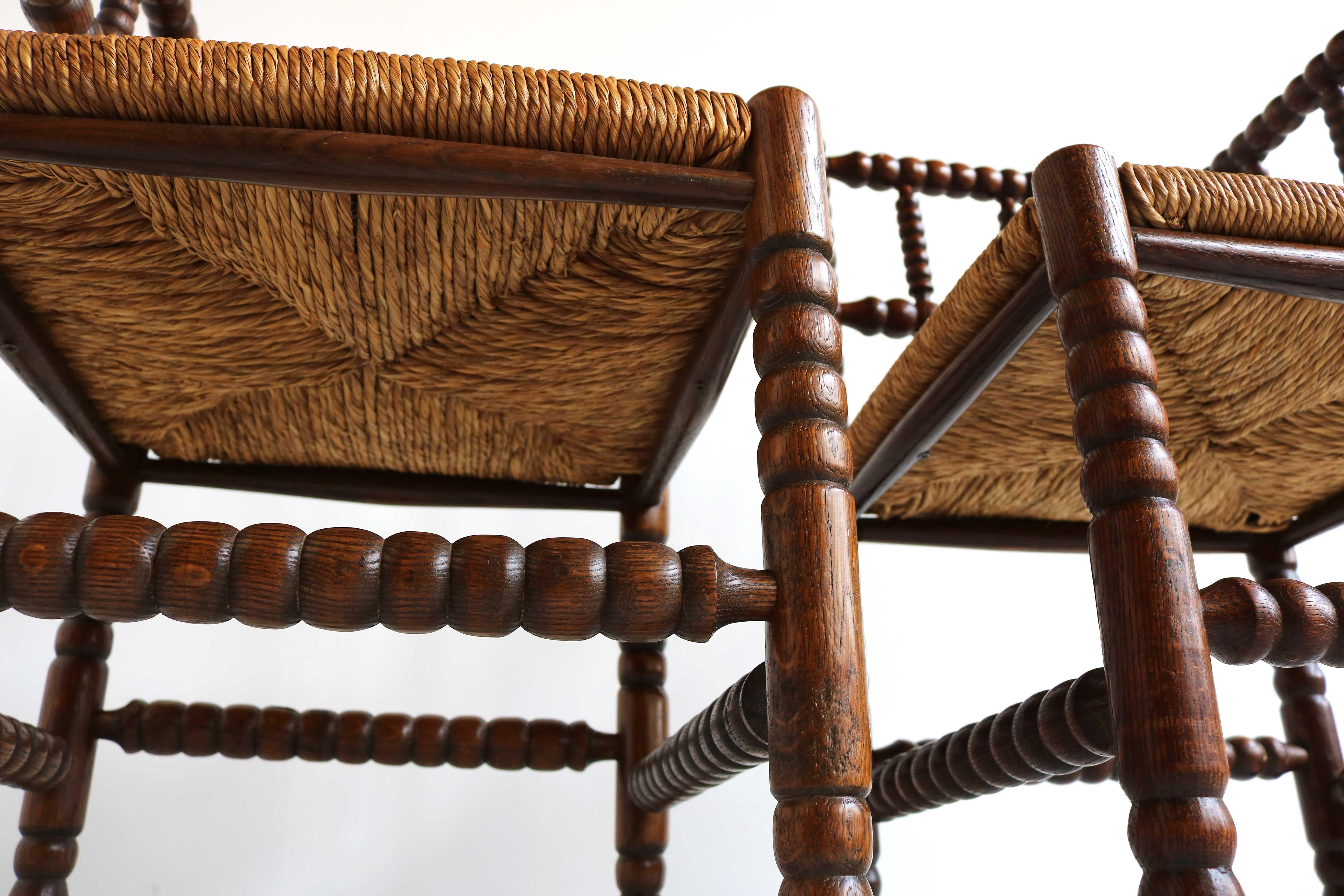 Typical Dutch Pair Antique Rush-Seat Oak Corner Bobbin Side Knitting Chairs 1900 1