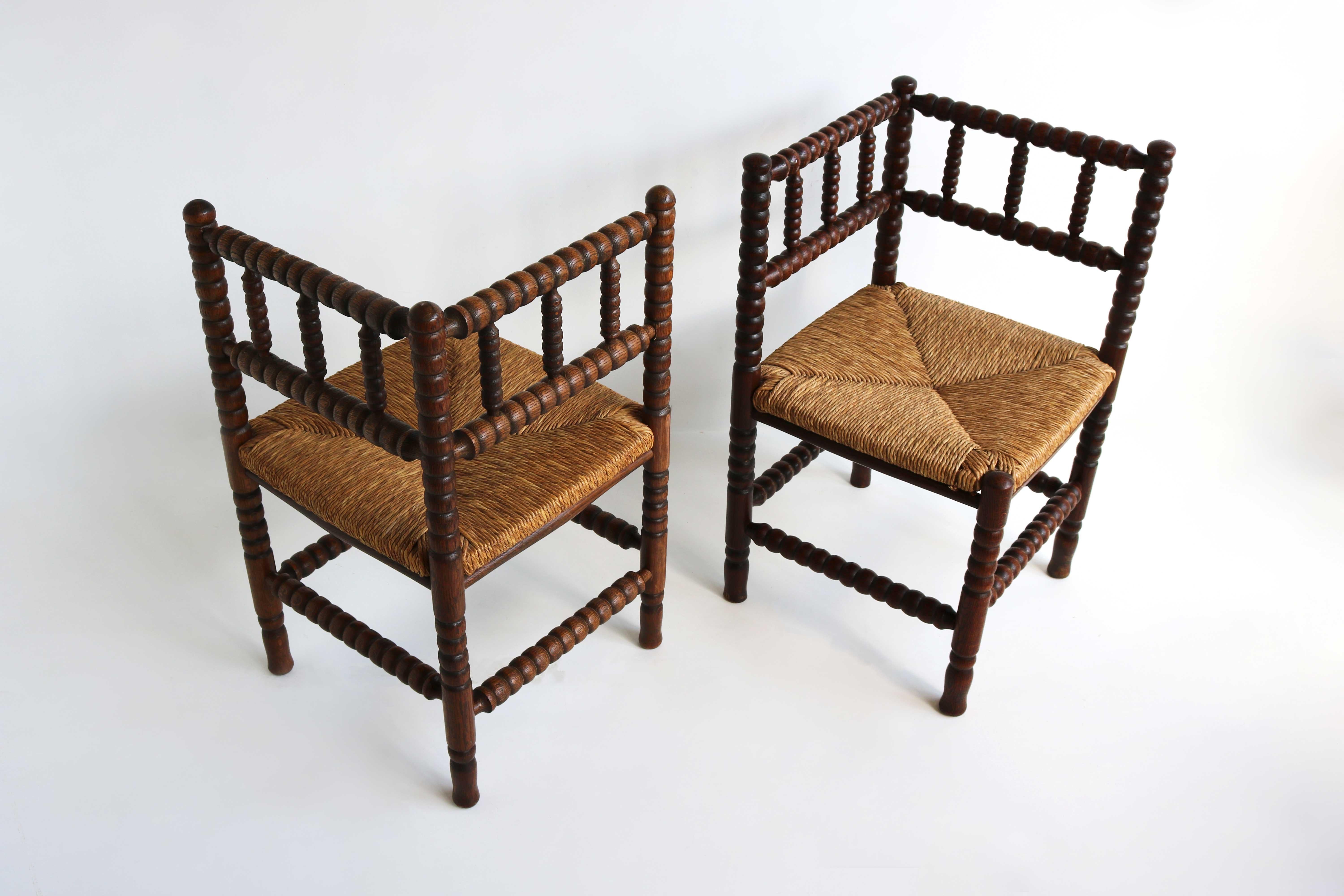 Typical Dutch Pair Antique Rush-Seat Oak Corner Bobbin Side Knitting Chairs 1900 2