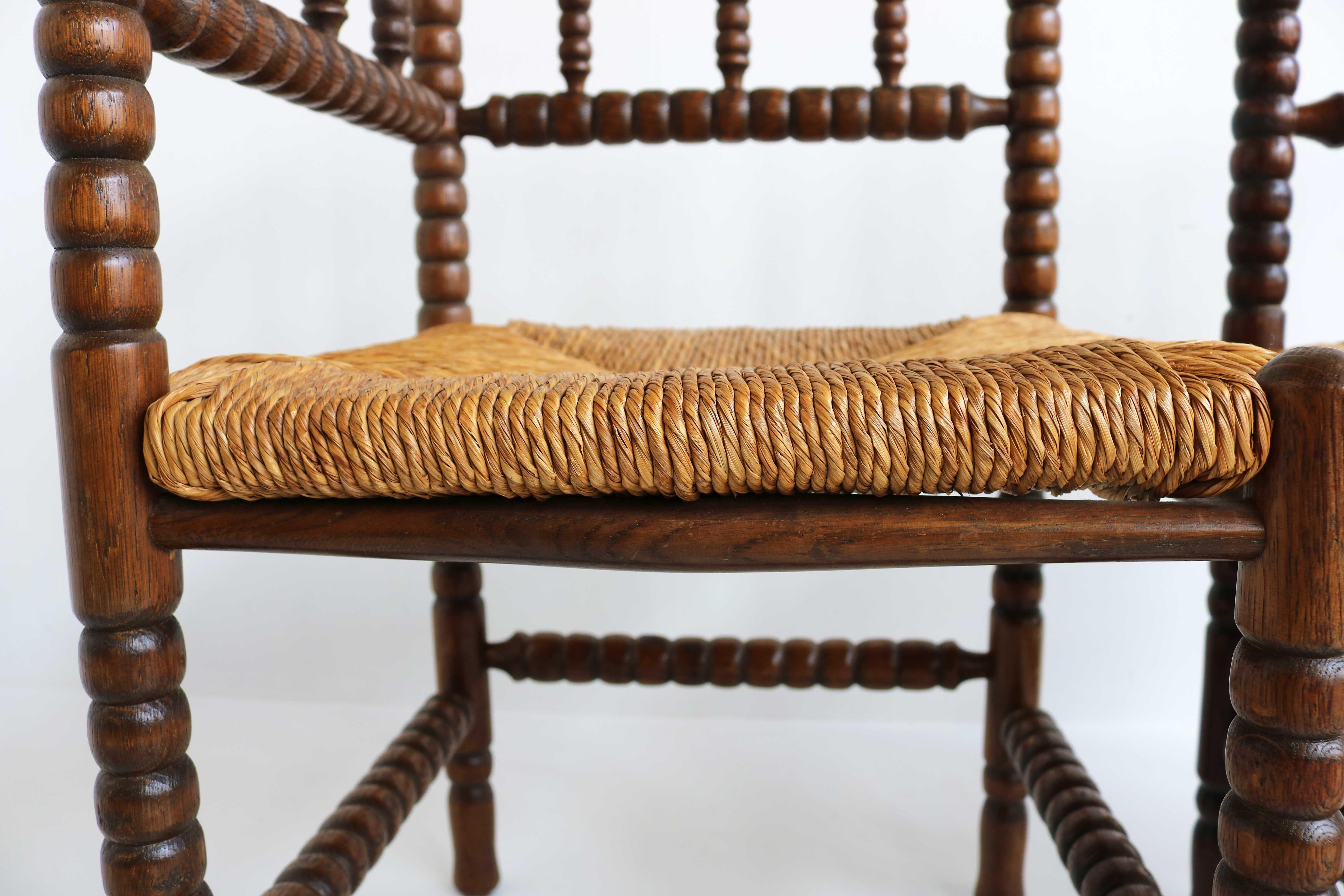 Typical Dutch Pair Antique Rush-Seat Oak Corner Bobbin Side Knitting Chairs 1900 5