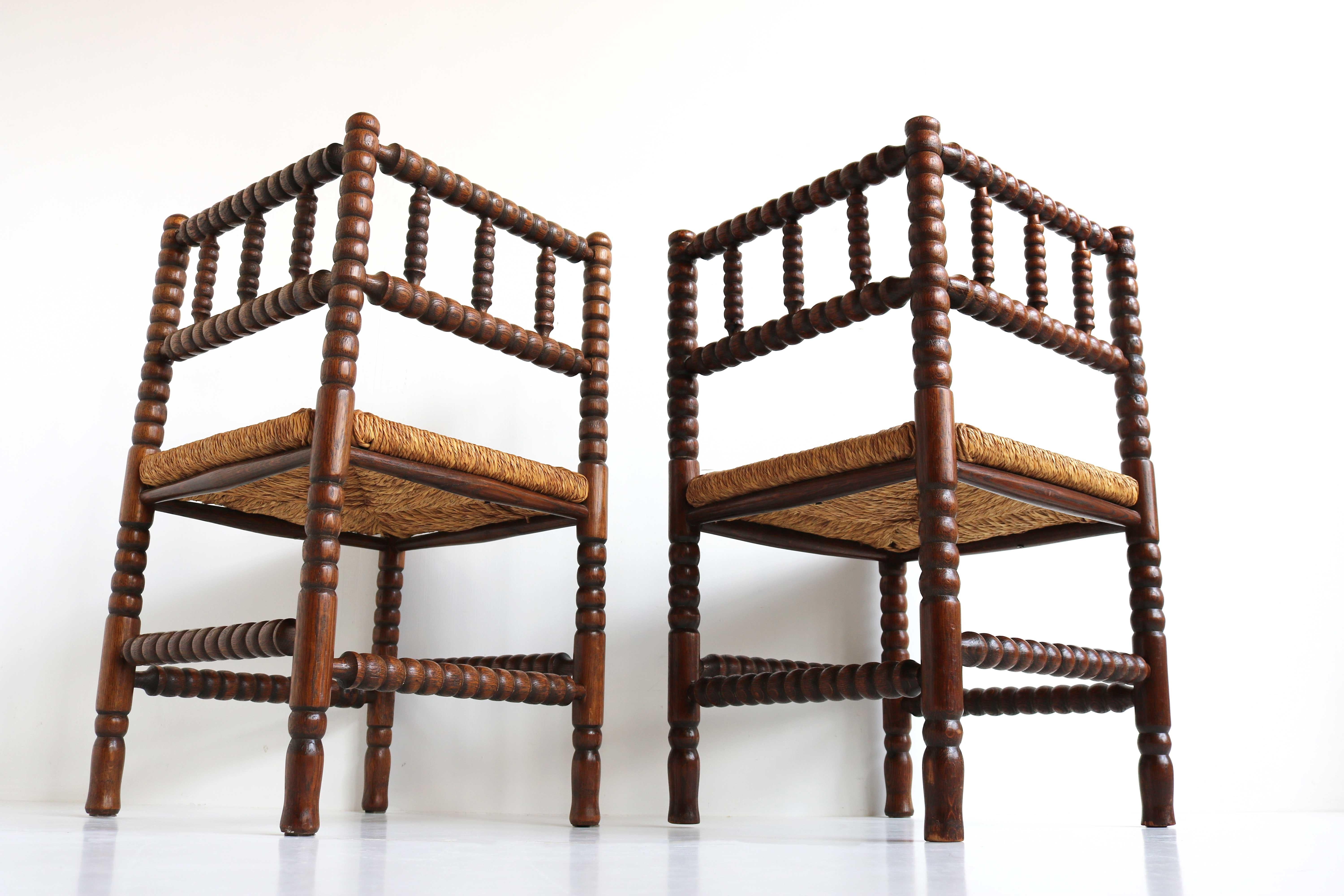 Typical Dutch Pair Antique Rush-Seat Oak Corner Bobbin Side Knitting Chairs 1900 6