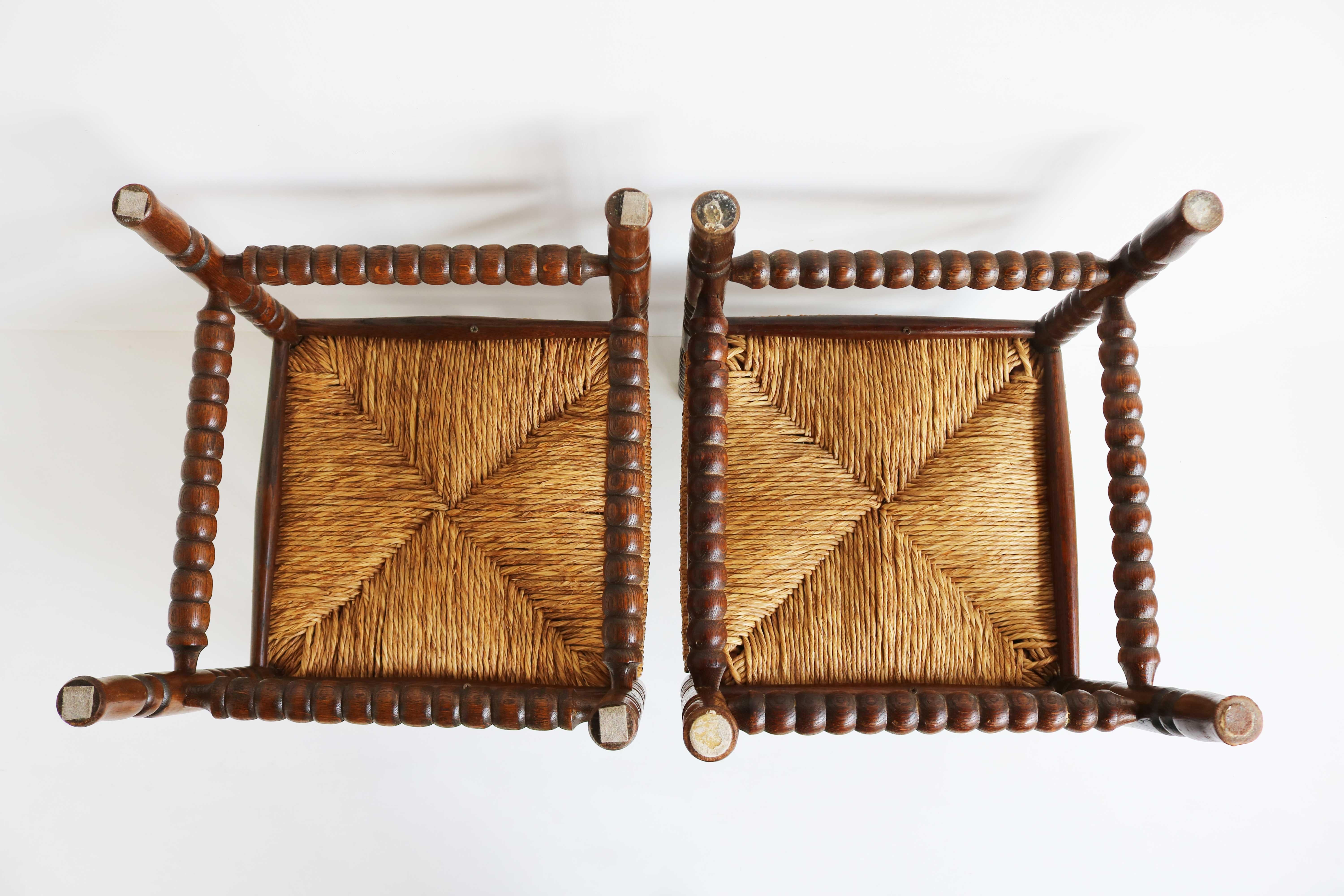 Typical Dutch Pair Antique Rush-Seat Oak Corner Bobbin Side Knitting Chairs 1900 7